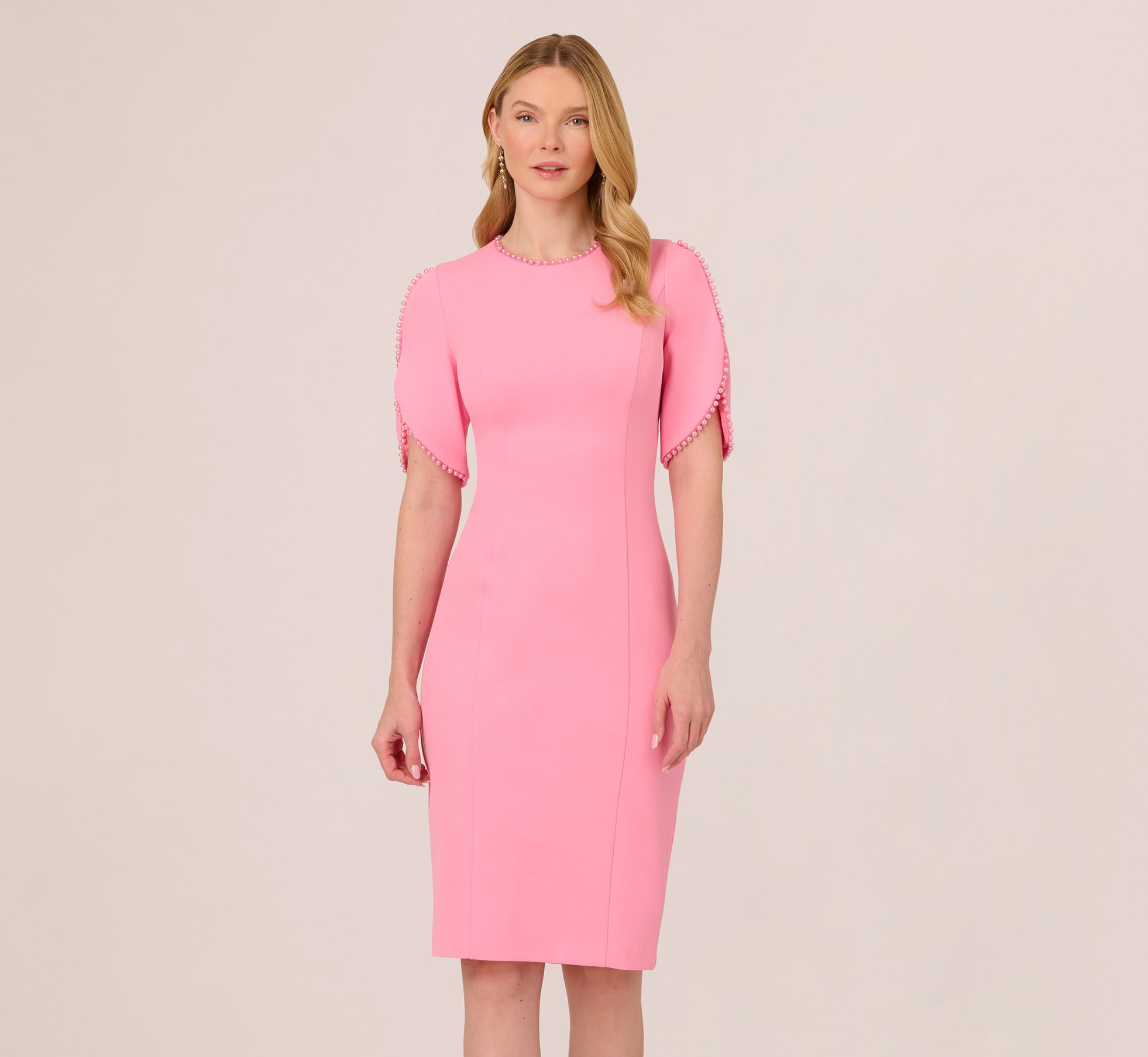 Crepe Midi Length Sheath Dress With Pearl Trimmed Sleeves In Cherry Blossom、mySite、solidvoid