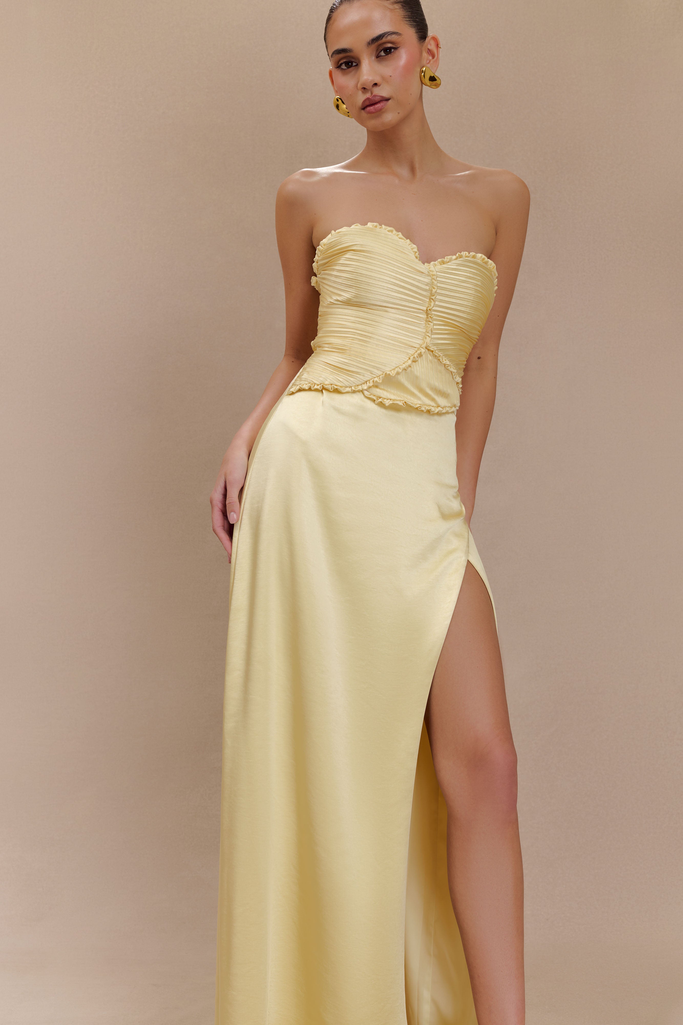 Larissa Satin Maxi Dress With Ruched Petals - Lemon、mySite、solidvoid