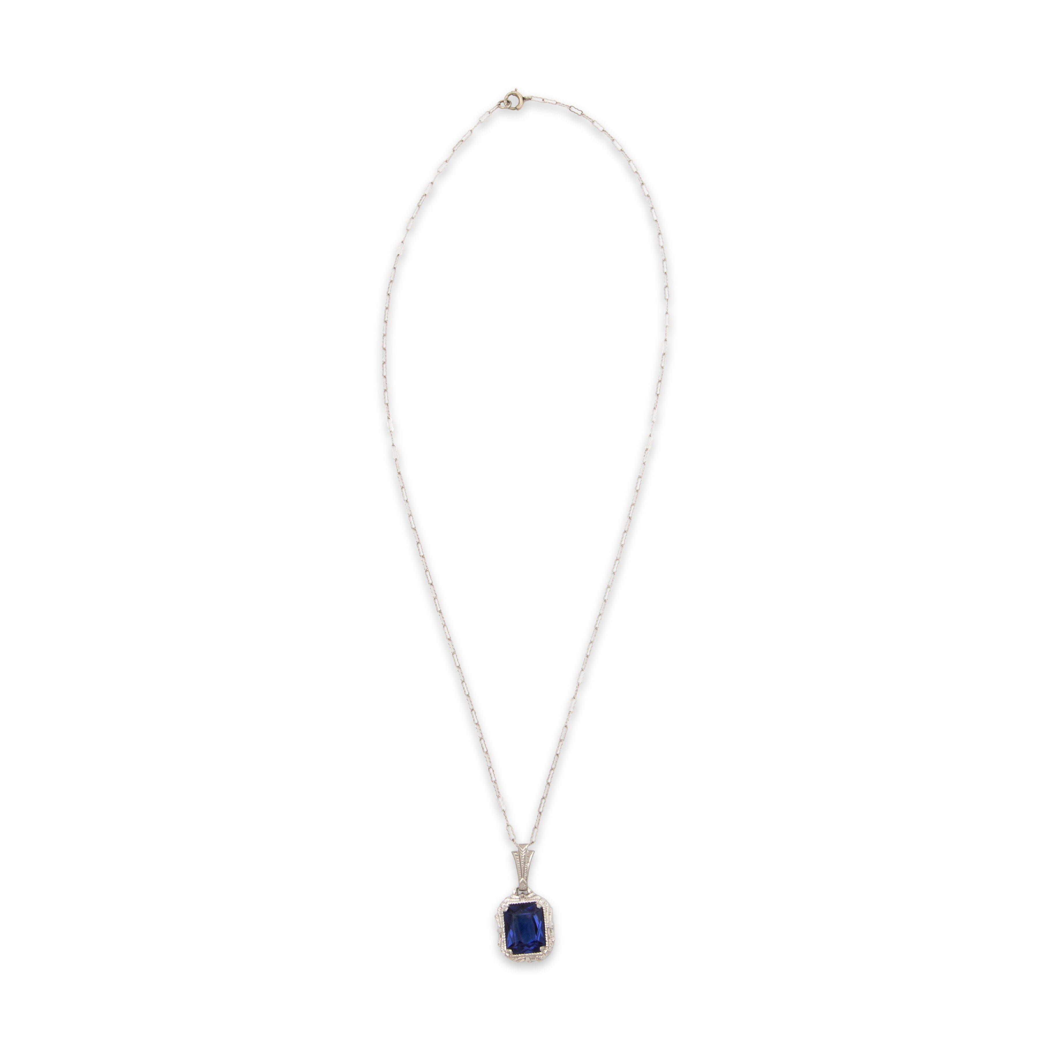 Antique Art Deco 10k White Gold Blue Glass Architectural Necklace 15、mySite、hinf8tx79