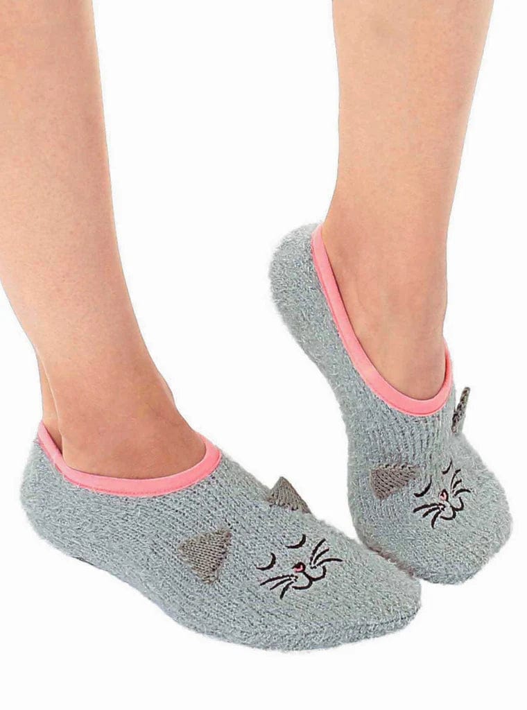 Grey Kitty Cat Fuzzy Footie Slipper Socks With Grips、mySite、g9winljtr