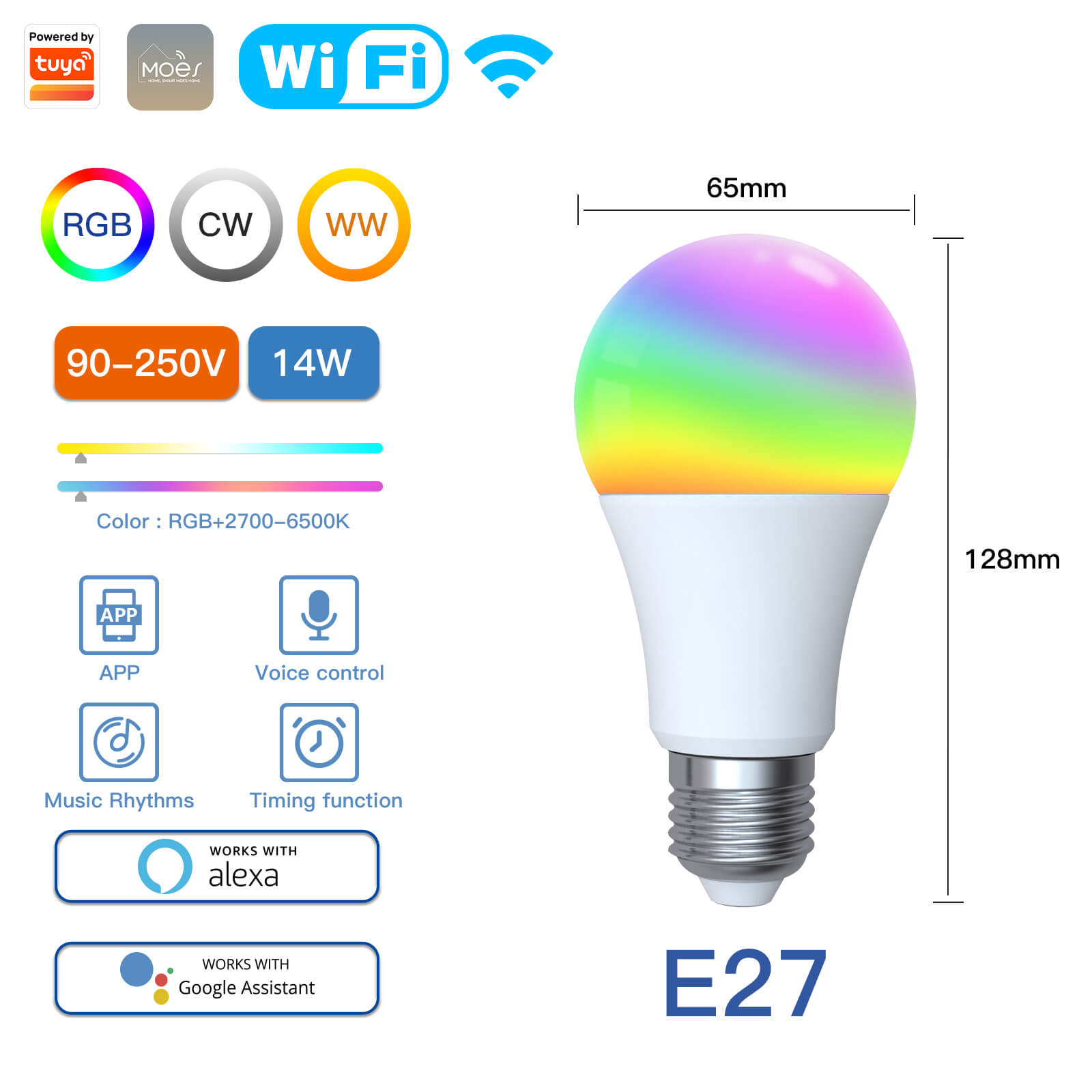 MOES WiFi Smart LED Light Bulb Dimmable Lamp 14W/9W RGB E27 Color Changeable 2700K-6500K、mySite、fannypackpong