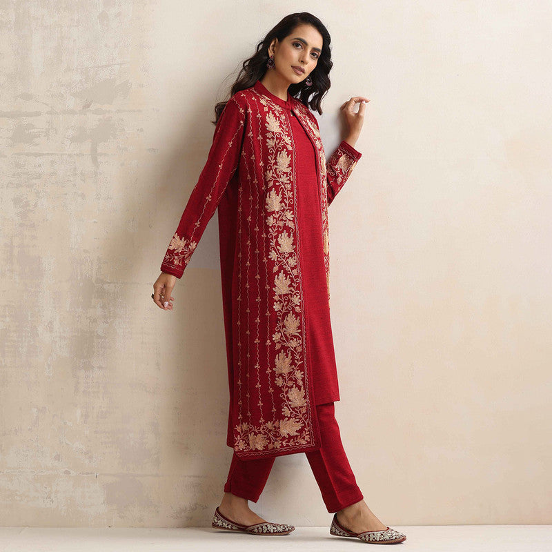 Woolen Kurta Set For Women | Kurta, Pyjama & Jacket | Embroidered | Red、mySite、camillekostekn