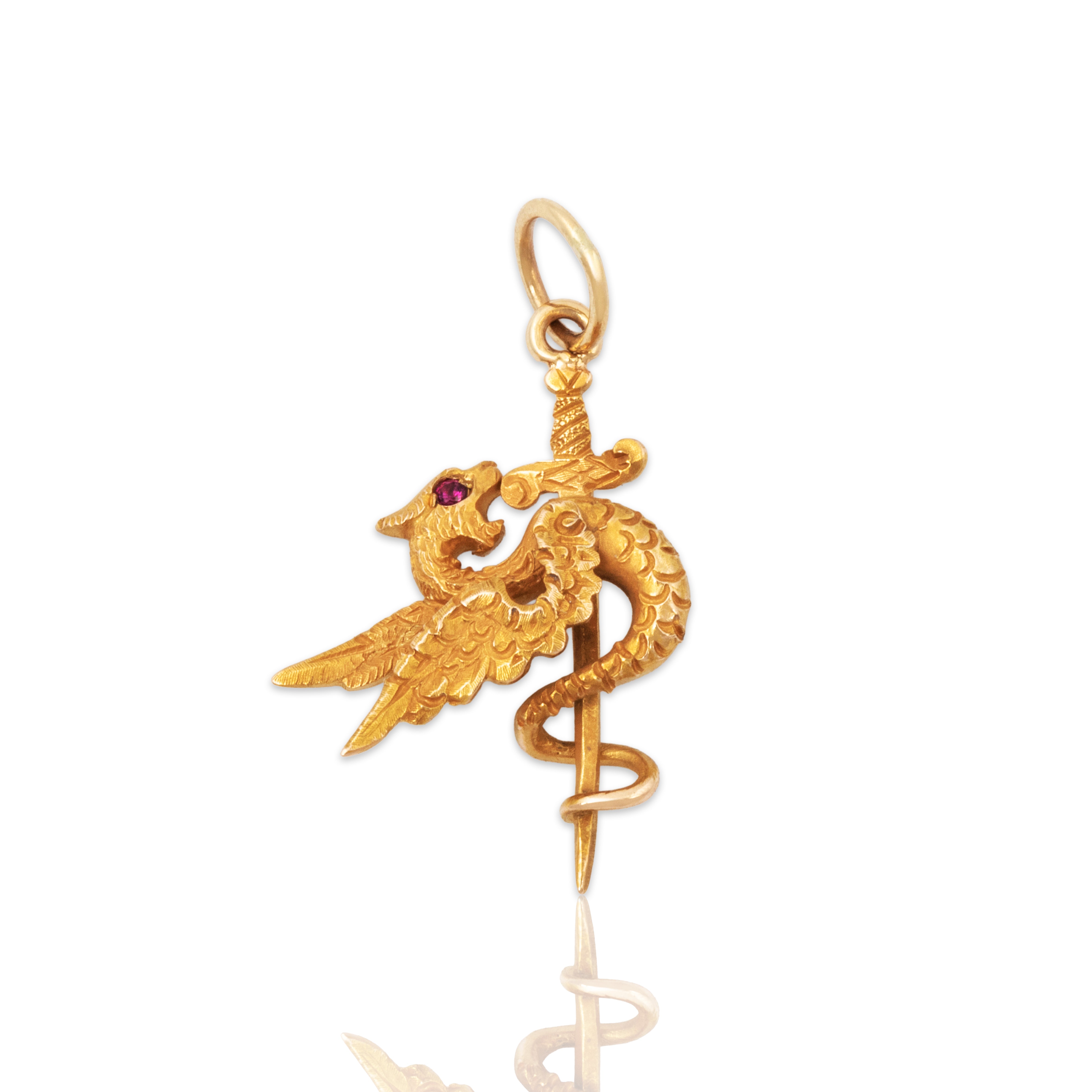 Antique 14k Yellow Gold Synthetic Ruby Fabulous Dragon & Sword Charm / Pendant、mySite、hinf8tx79