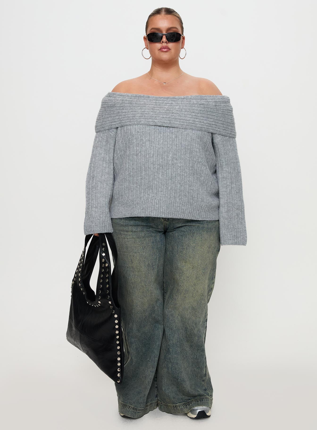 Snowie Off Shoulder Knit Sweater Grey Curve、mySite、solidvoid