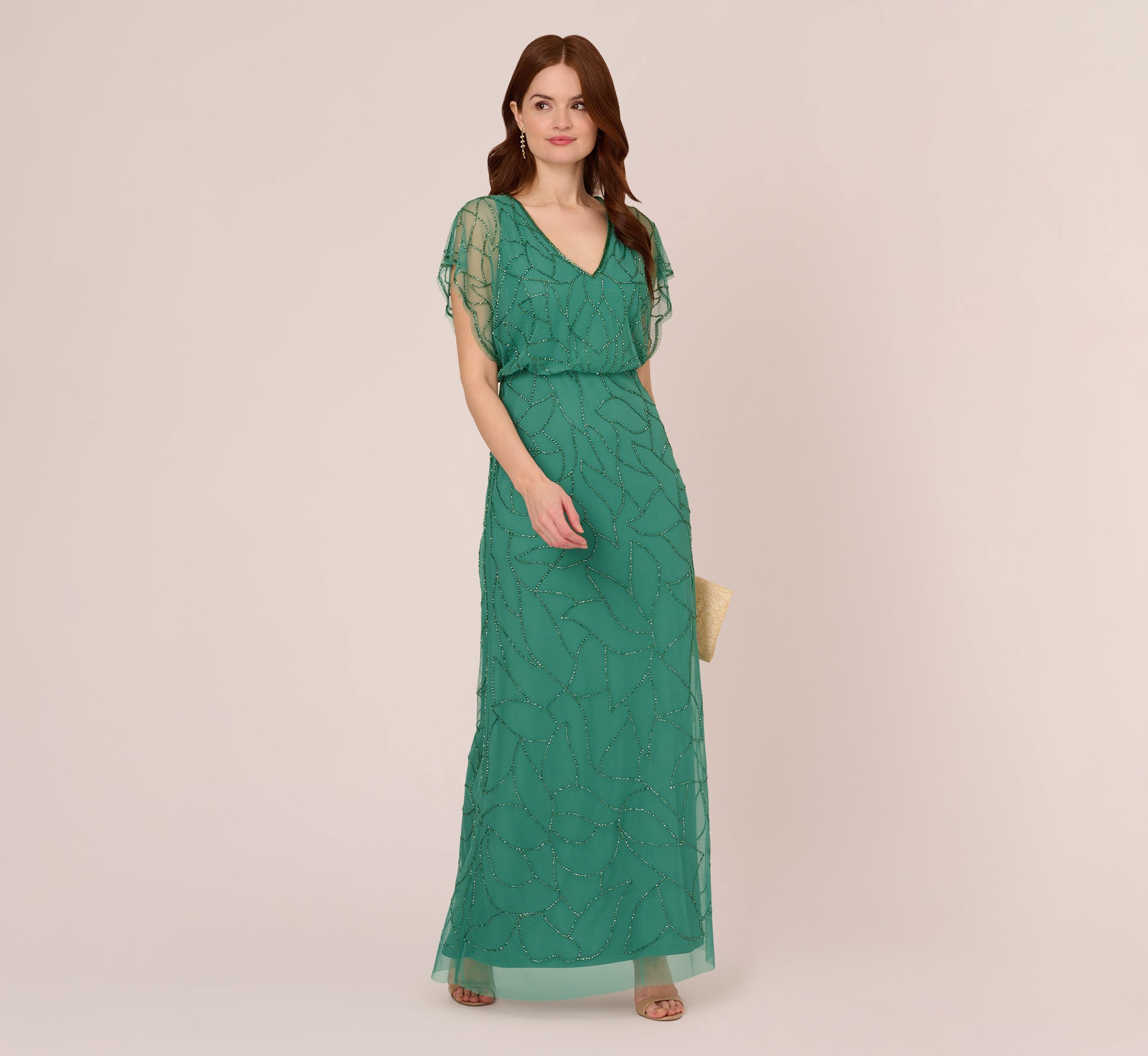 Beaded Blouson Mermaid Gown With Sheer Dolman Sleeves In Jungle Green、mySite、solidvoid