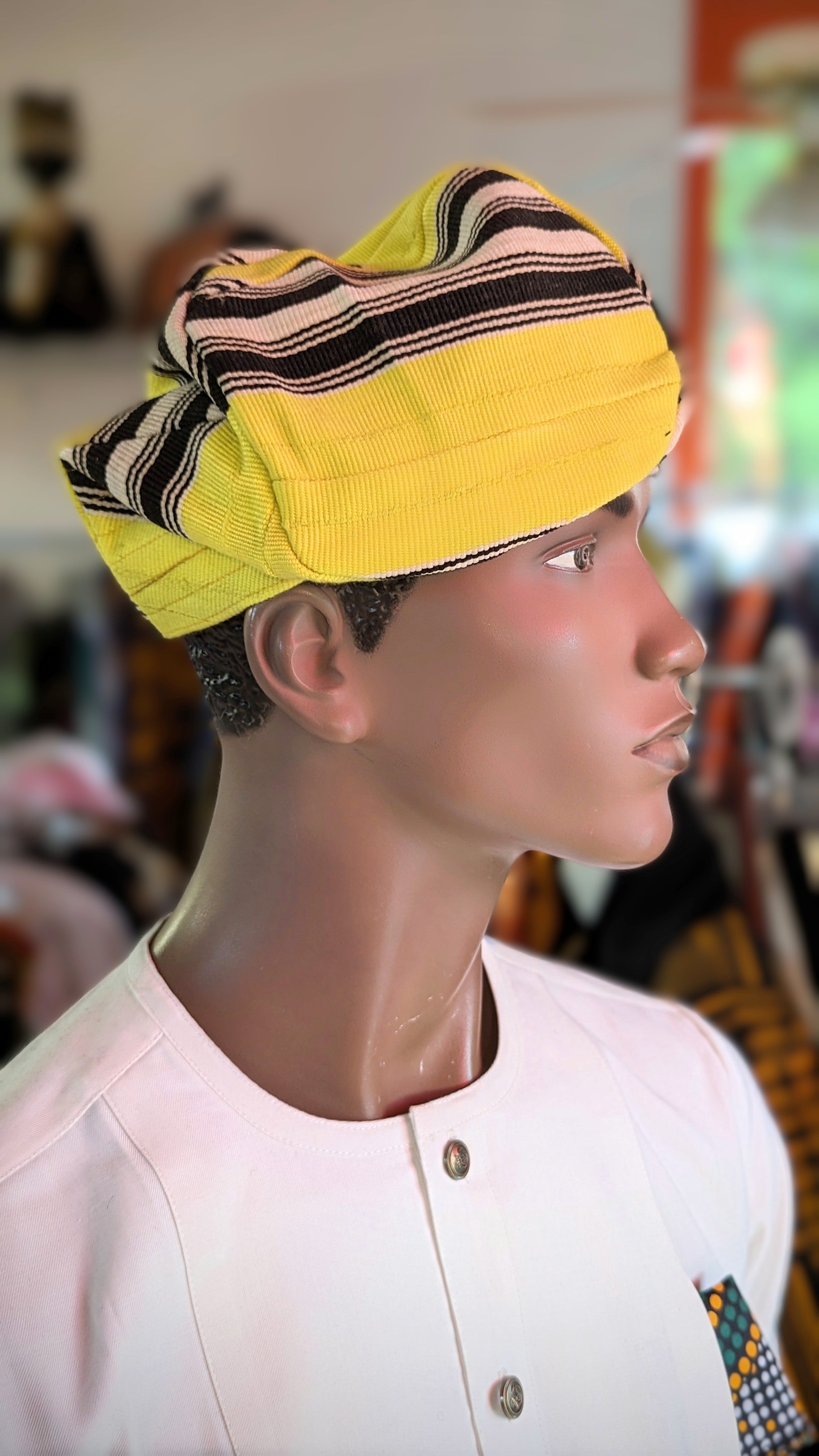 Dupsie's Adebayo Yellow and Black Aso Oke Fila Kufi Cap Hat DPHYBS4、mySite、solidvoid