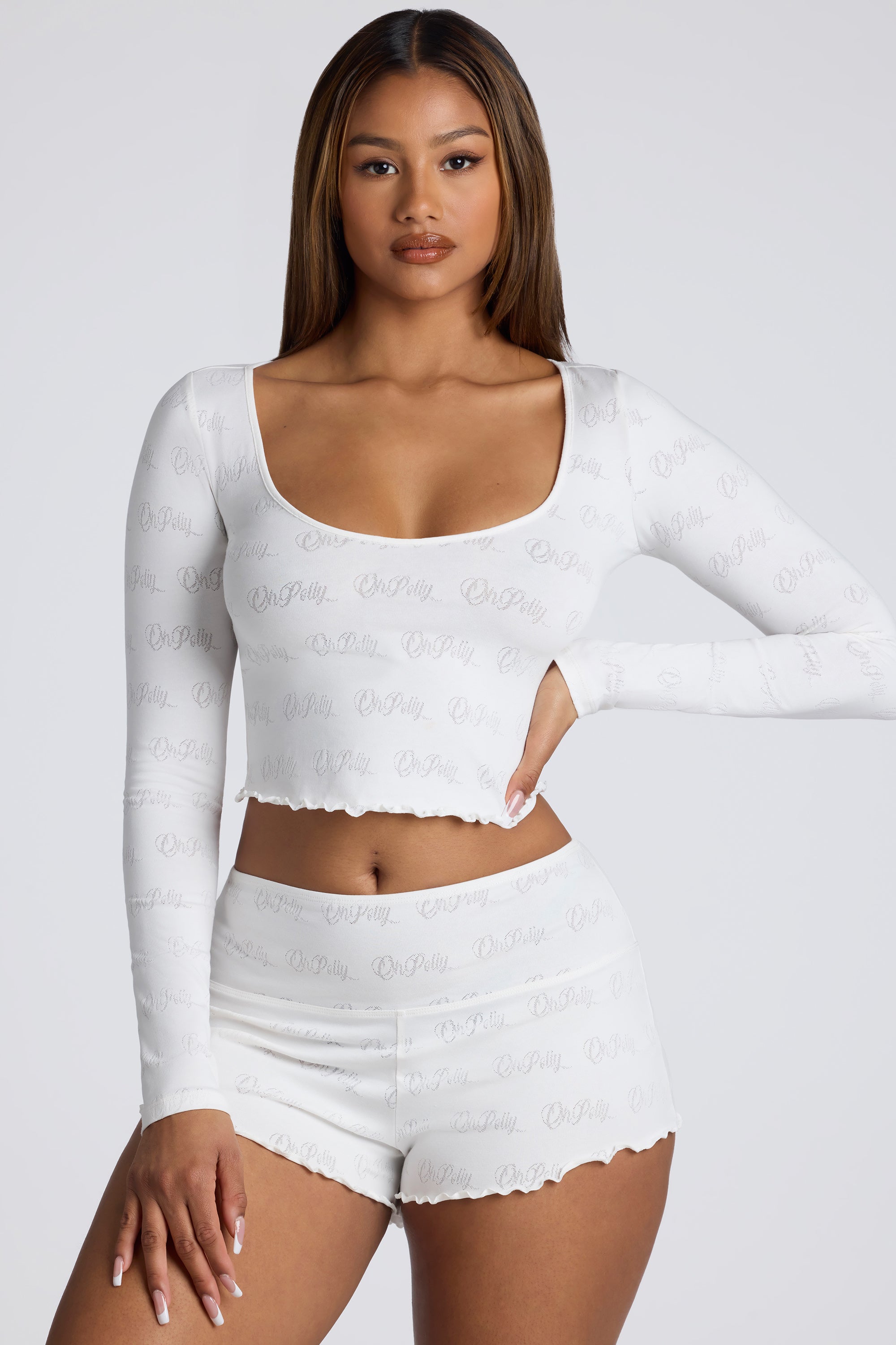 Long Sleeve Scoop Neck Pointelle Crop Top in White、mySite、solidvoid