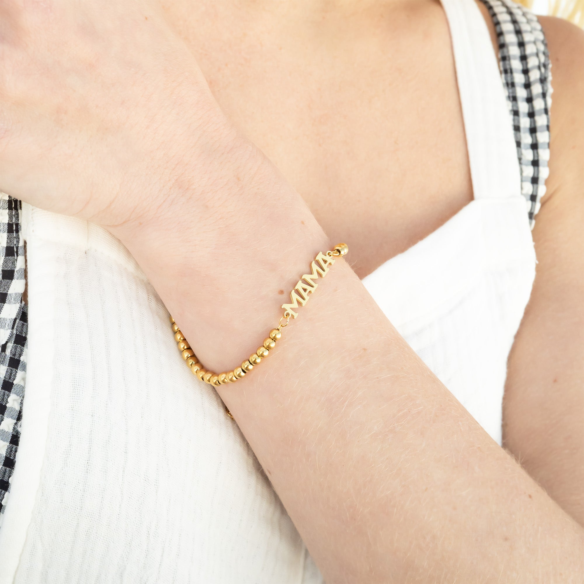 18K Gold PVD Stainless Steel Mama Beaded Bracelet / BRJ1053、mySite、dreamappss