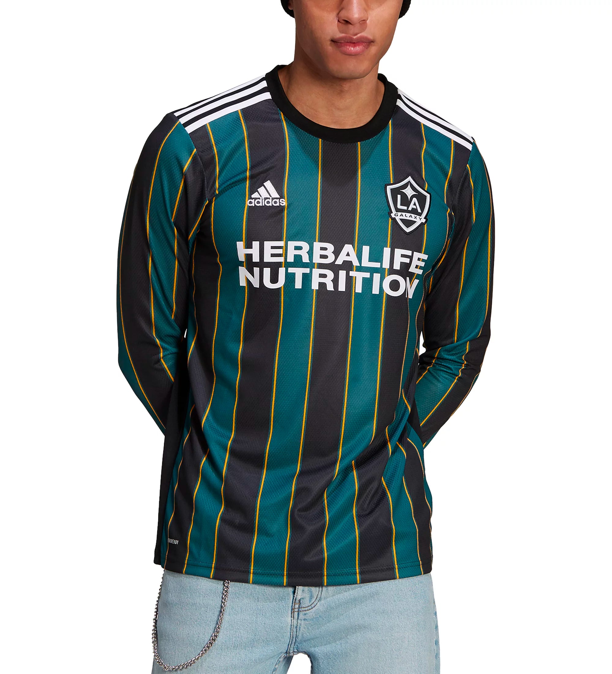 adidas Men's LA Galaxy 2021 Long Sleeve Away Jersey Black/Tech Green、mySite、noshort