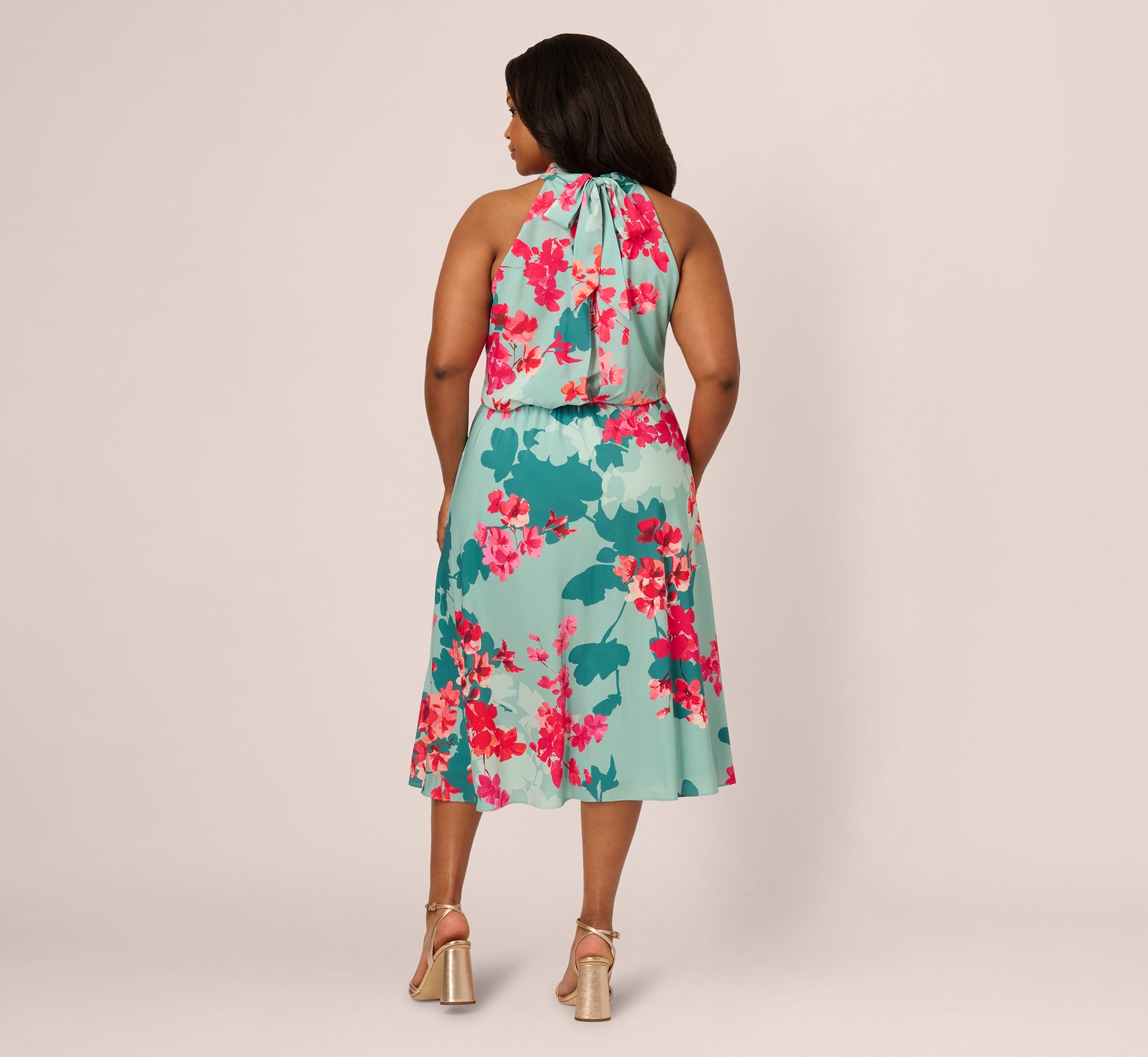 Plus Size Floral Chiffon Midi Halter Dress In Turquoise Multi、mySite、solidvoid