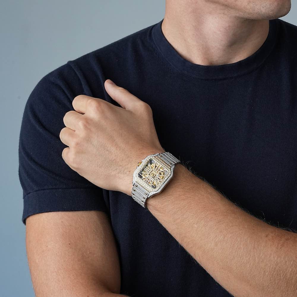 Moissanite Skeleton Watch | 42MM | 14K Yellow Gold | 14.1CT Bust Down、mySite、hinf8tx79