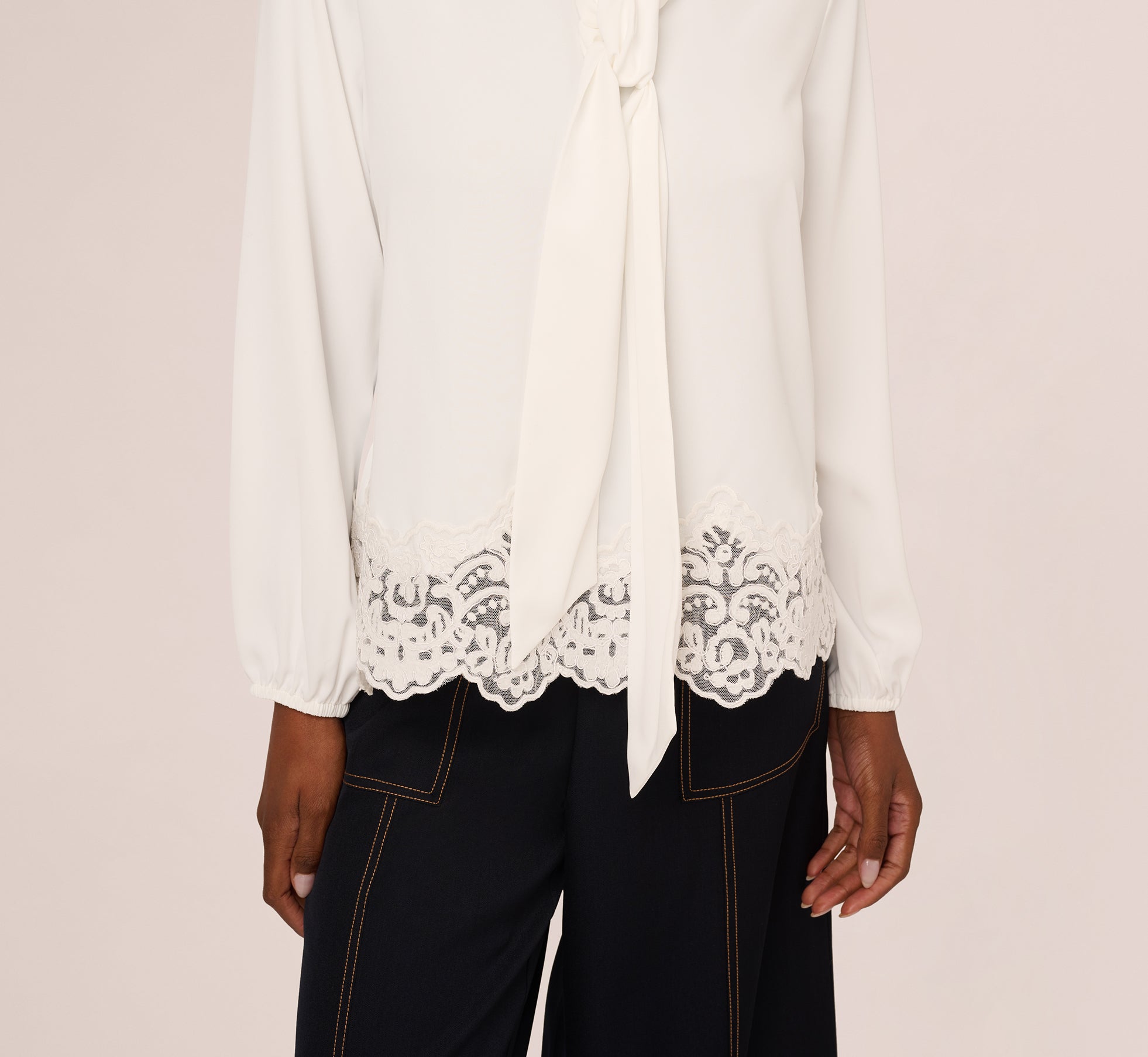 Lace Hem Tie Neck Blouse In Ivory、mySite、solidvoid