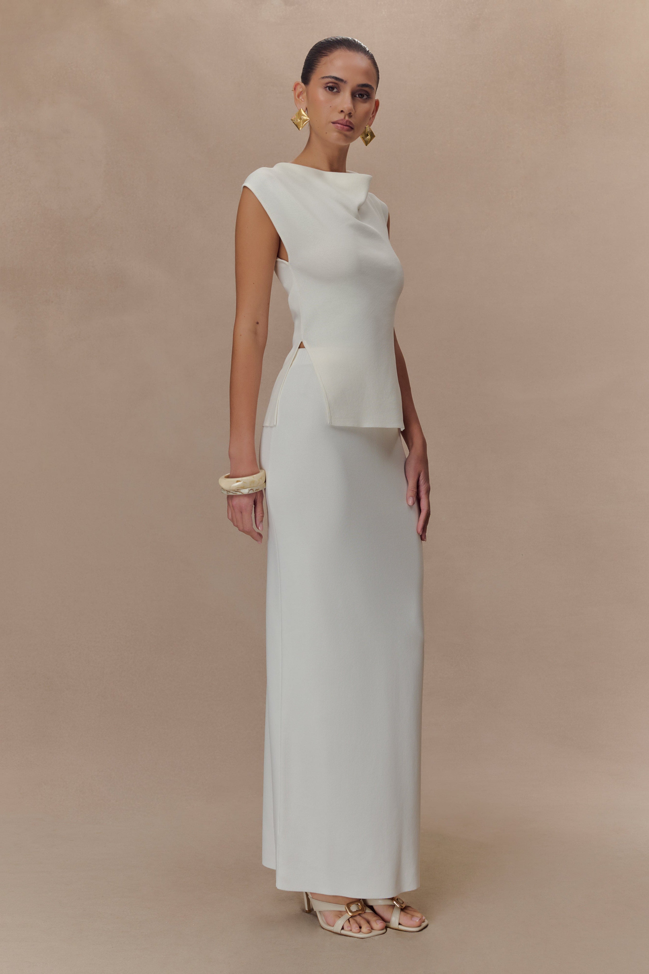 Francisca Cowl Neck Knit Top - White、mySite、solidvoid