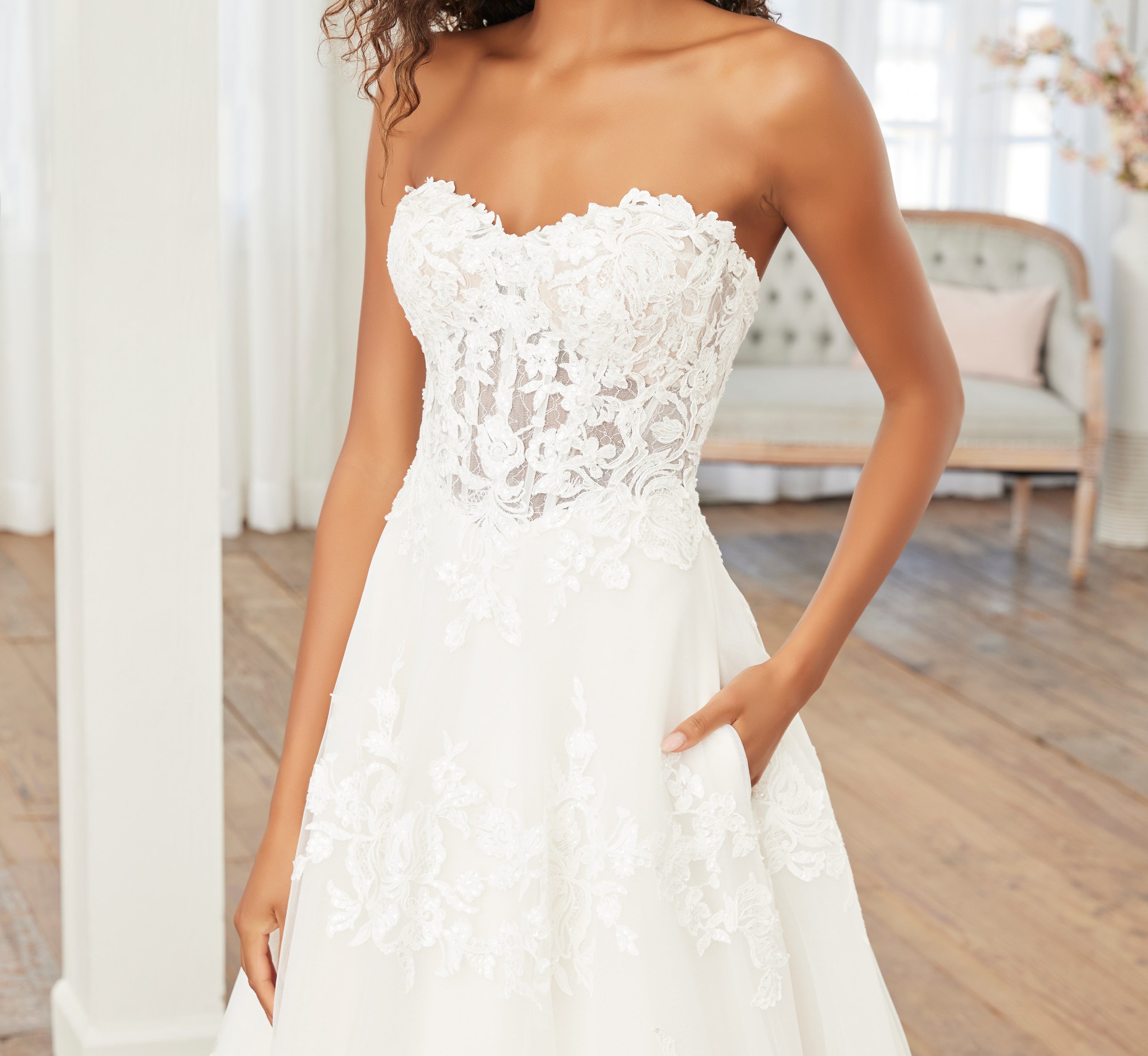 Lace Off-The-Shoulder A-Line Gown With Detachable Sleeves In Ivory Ivory Nude、mySite、solidvoid