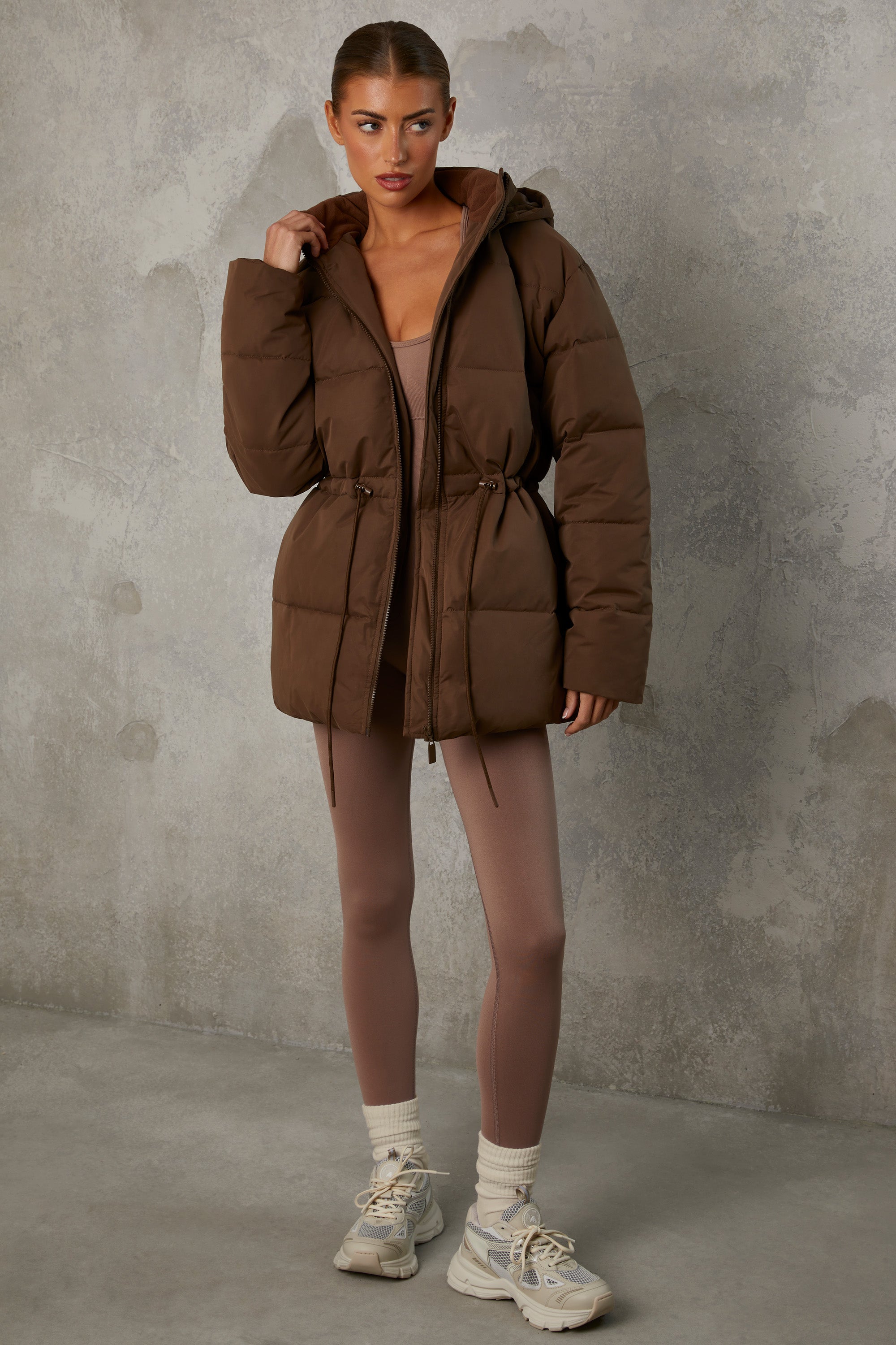 Mid Length Hooded Puffer Coat in Cocoa Brown、mySite、solidvoid