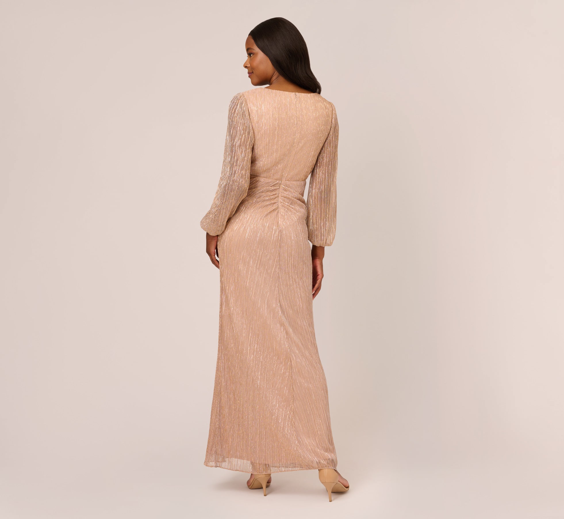 Metallic Crinkled Mesh Draped Long Gown In Light Gold、mySite、solidvoid