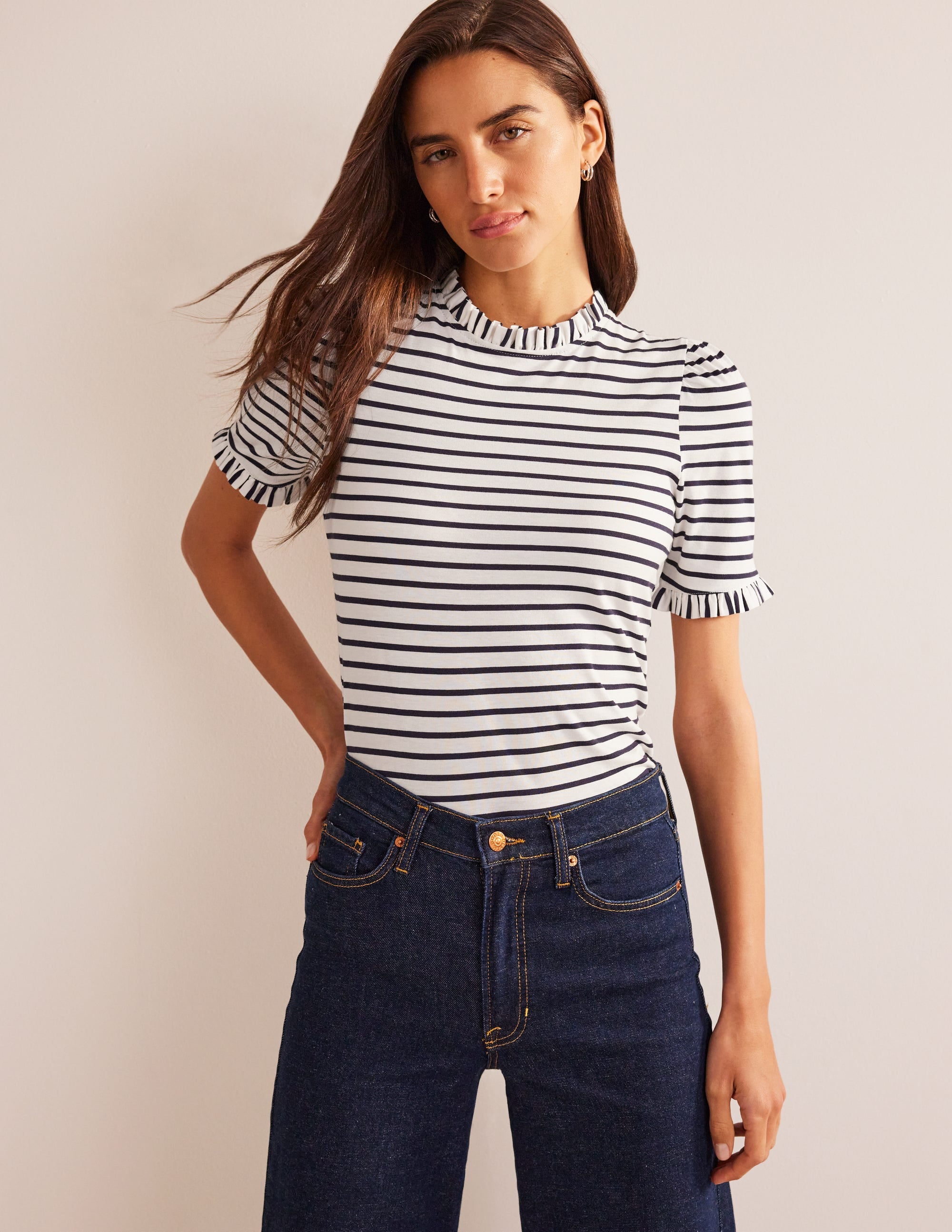  Supersoft Frill Detail T-shirt-Ivory, Navy Stripe、mySite、ashleygrahame