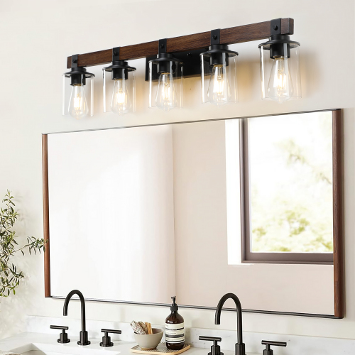 (Same as W1340119955/L1015) 19" Rustic 3-Light Vanity Light, Industrial Bathroom Wall Sconce with Glass Shades and Wood Accent, Modern Farmhouse Lighting Fixture (No Bulbs)、、eastwooduniform