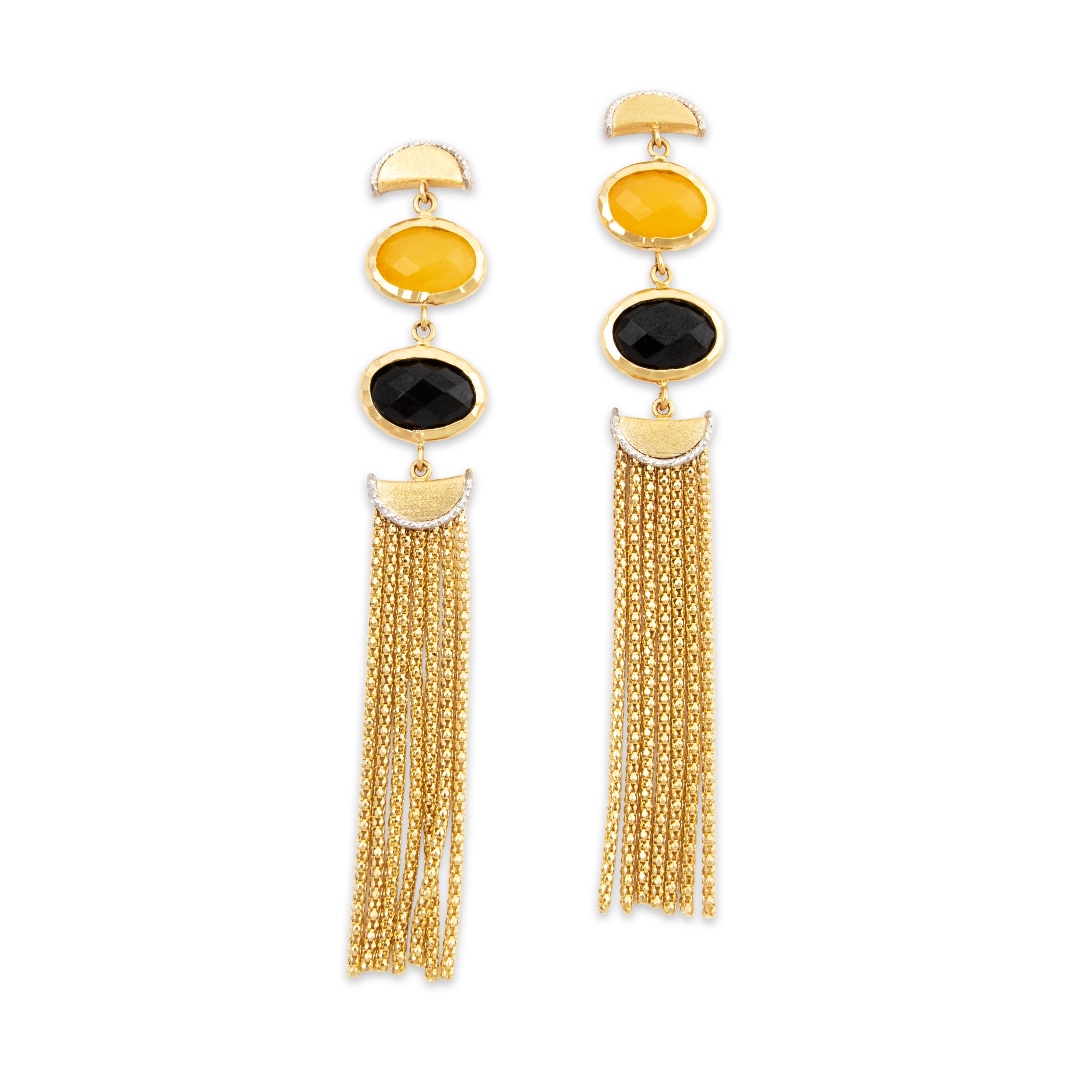 Vintage Italian Large 14k Yellow & White Gold Aventurine Onyx Fringe Earrings、mySite、hinf8tx79