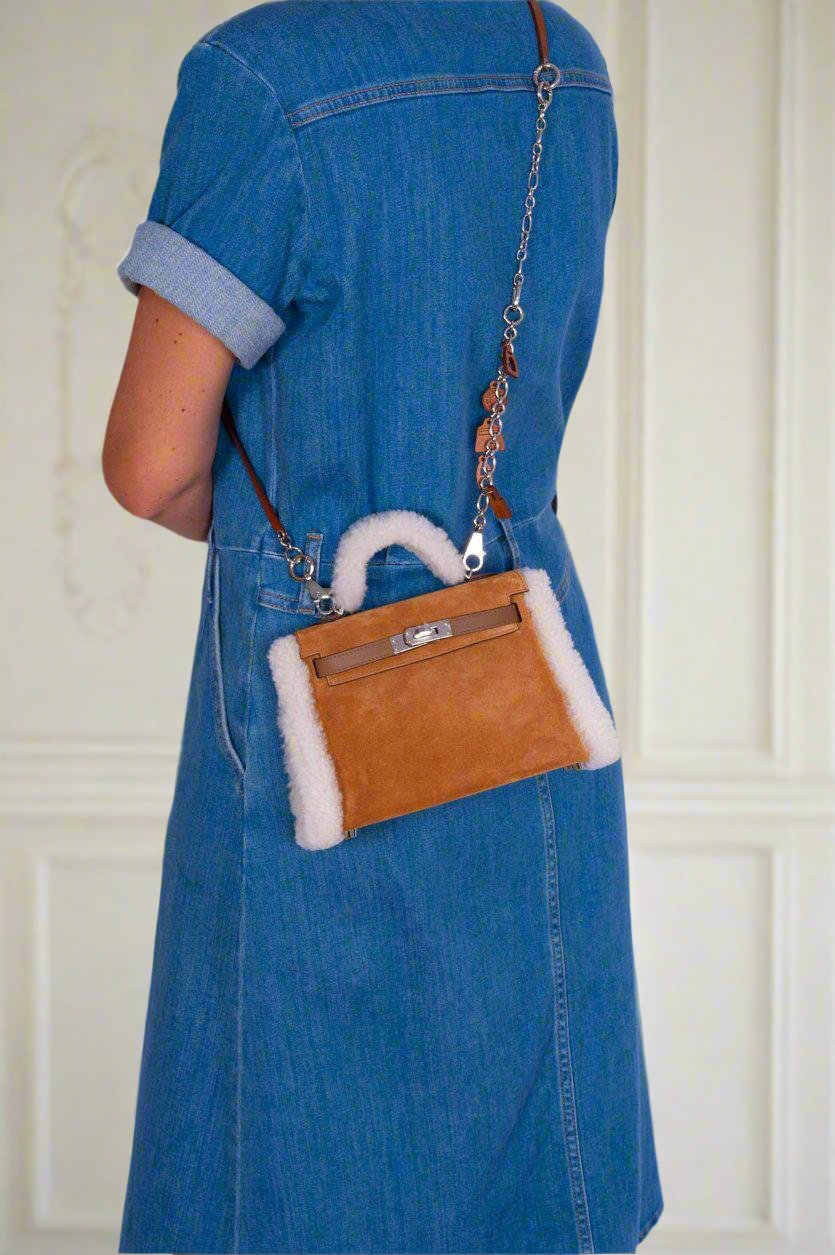 Hermès Teddy Mini Kelly 20 Chamois Grizzly, Alezan Swift and Ecru Mouton Shearling Palladium、mySite、garminoutage.com