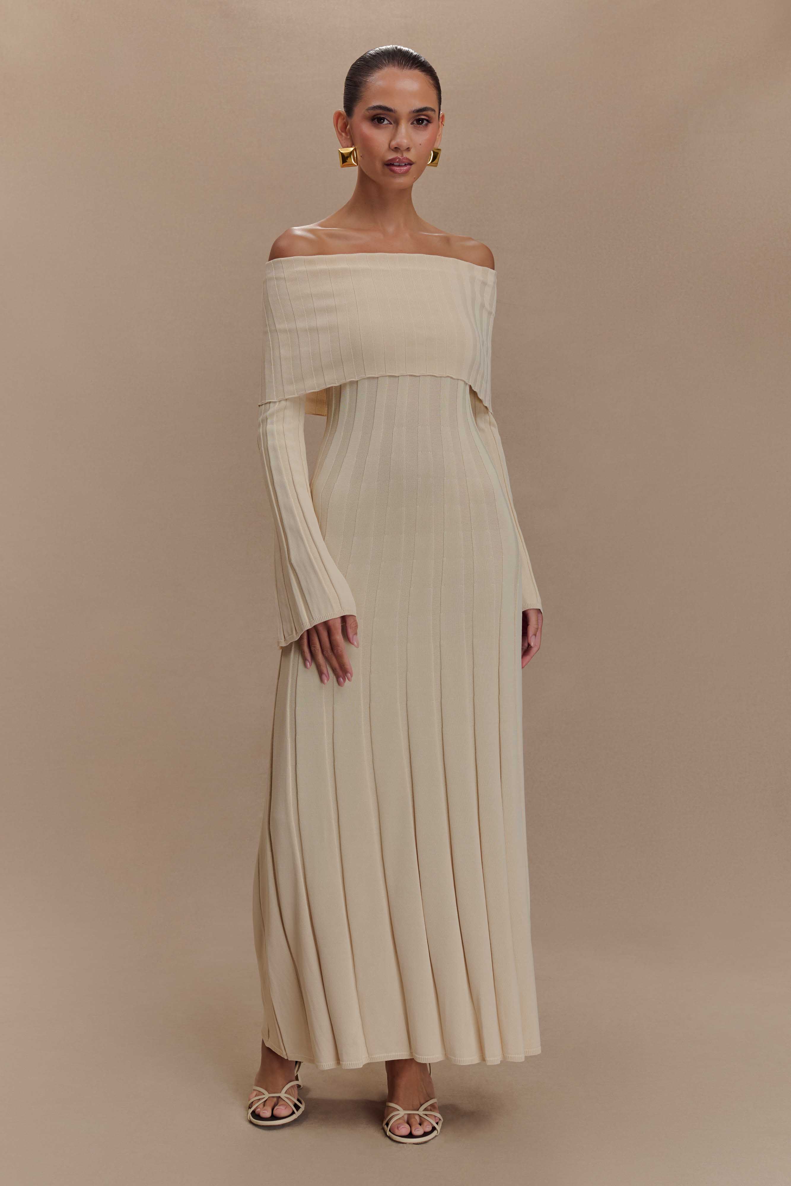 Alonza Long Sleeve Knit Midi Dress - Cream、mySite、solidvoid