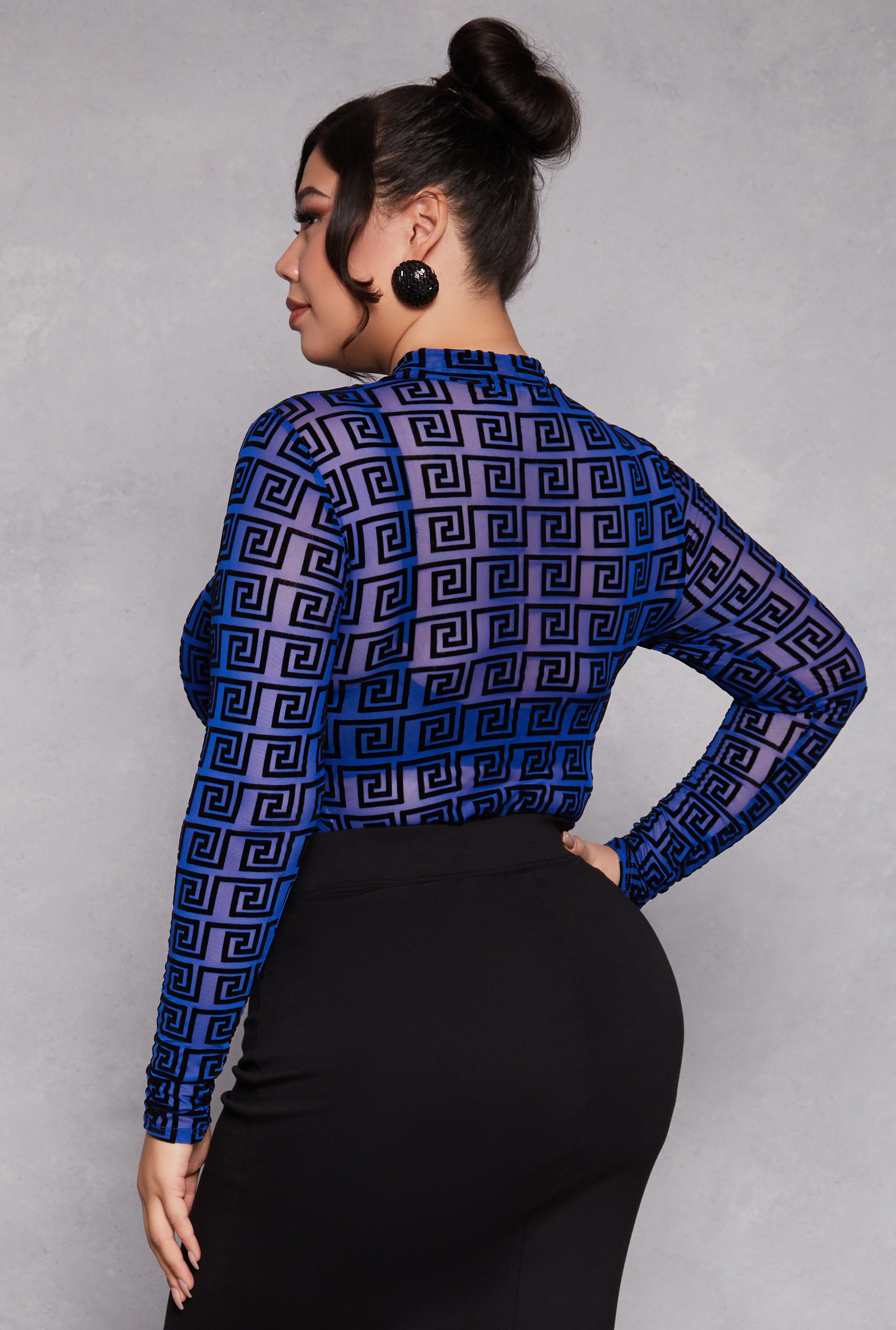 Plus Size Mesh Velvet Burnout Greek Key Bodysuit、mySite、camillekostekn