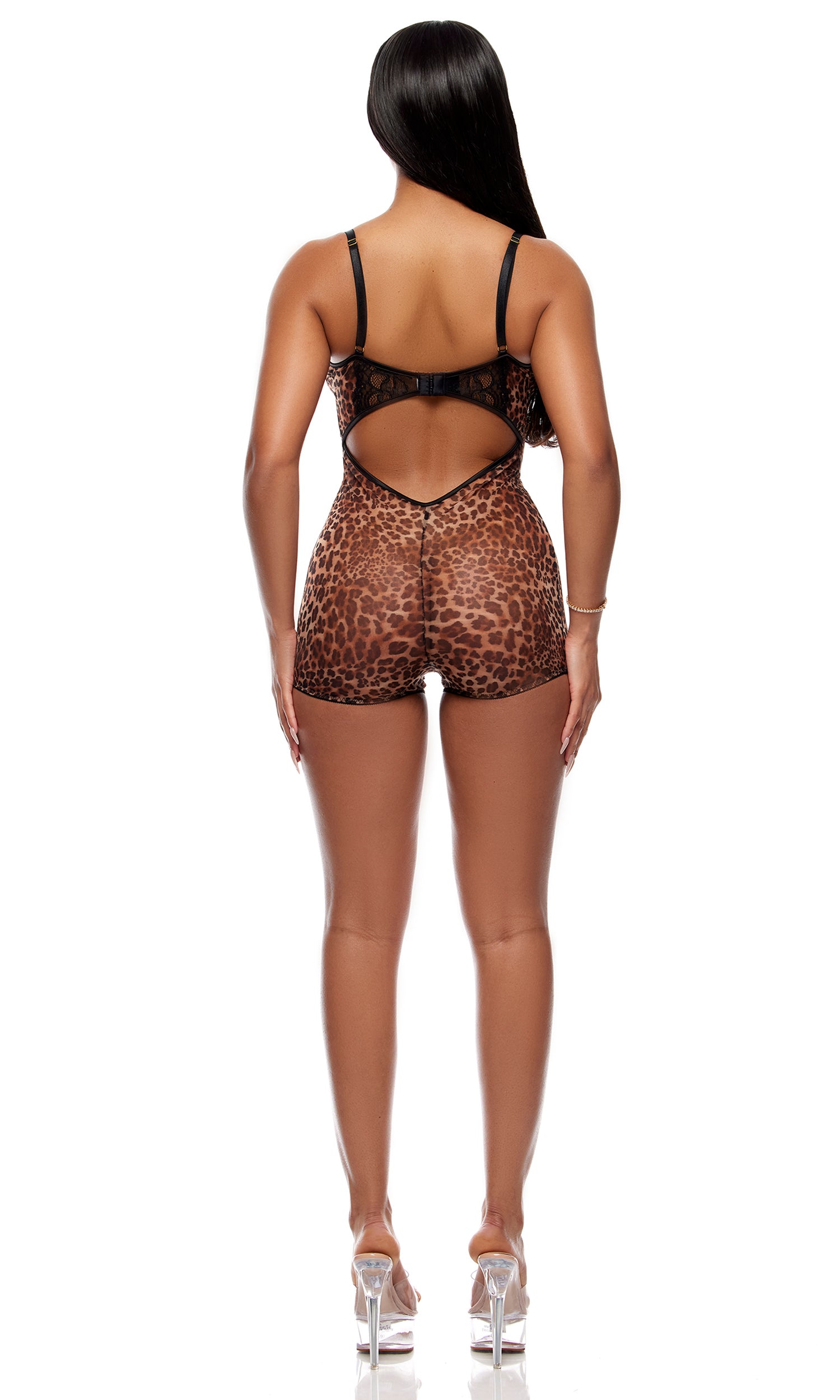 Animal Instincts Sheer Mesh Romper - Leopard、mySite、bengalsvssteelers