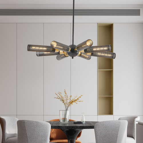 24" Modern Industrial Multi-Light Pendant Chandelier - 9-Light Black and Gold Adjustable Ceiling Light Fixture with Mesh Cylinder Shades for Living Room, Dining Room, or Staircase (Bulb Not Included)、、eastwooduniform