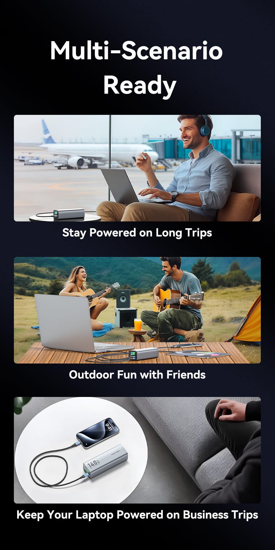 27000mAh Power Bank (USB-C + USB-C + USB-A + USB-A) 140W Gray LED Display Type