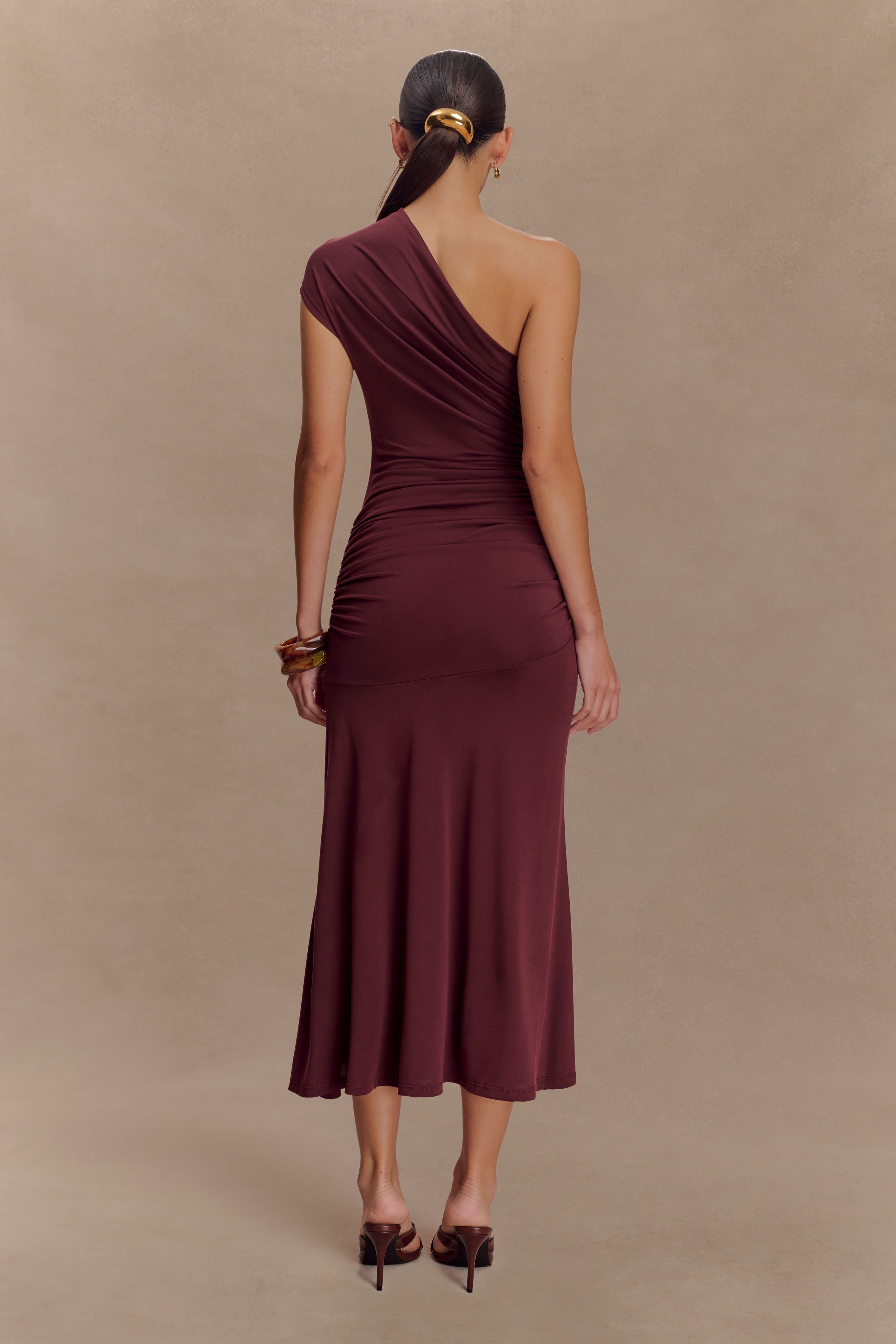 Chloe Peached Jersey One Shoulder Midi Dress - Mahogany、mySite、solidvoid