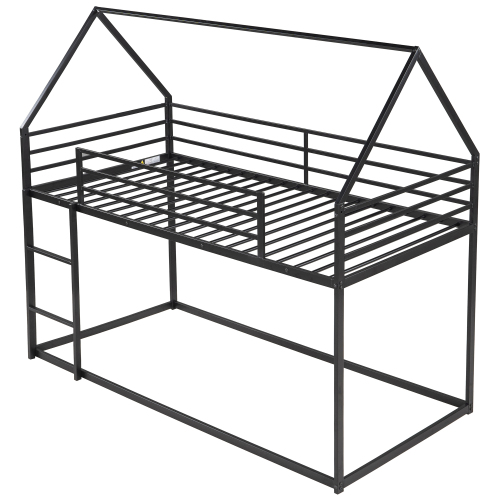 Twin over Twin House Bunk Bed with Ladder and Slide,Black、、casual