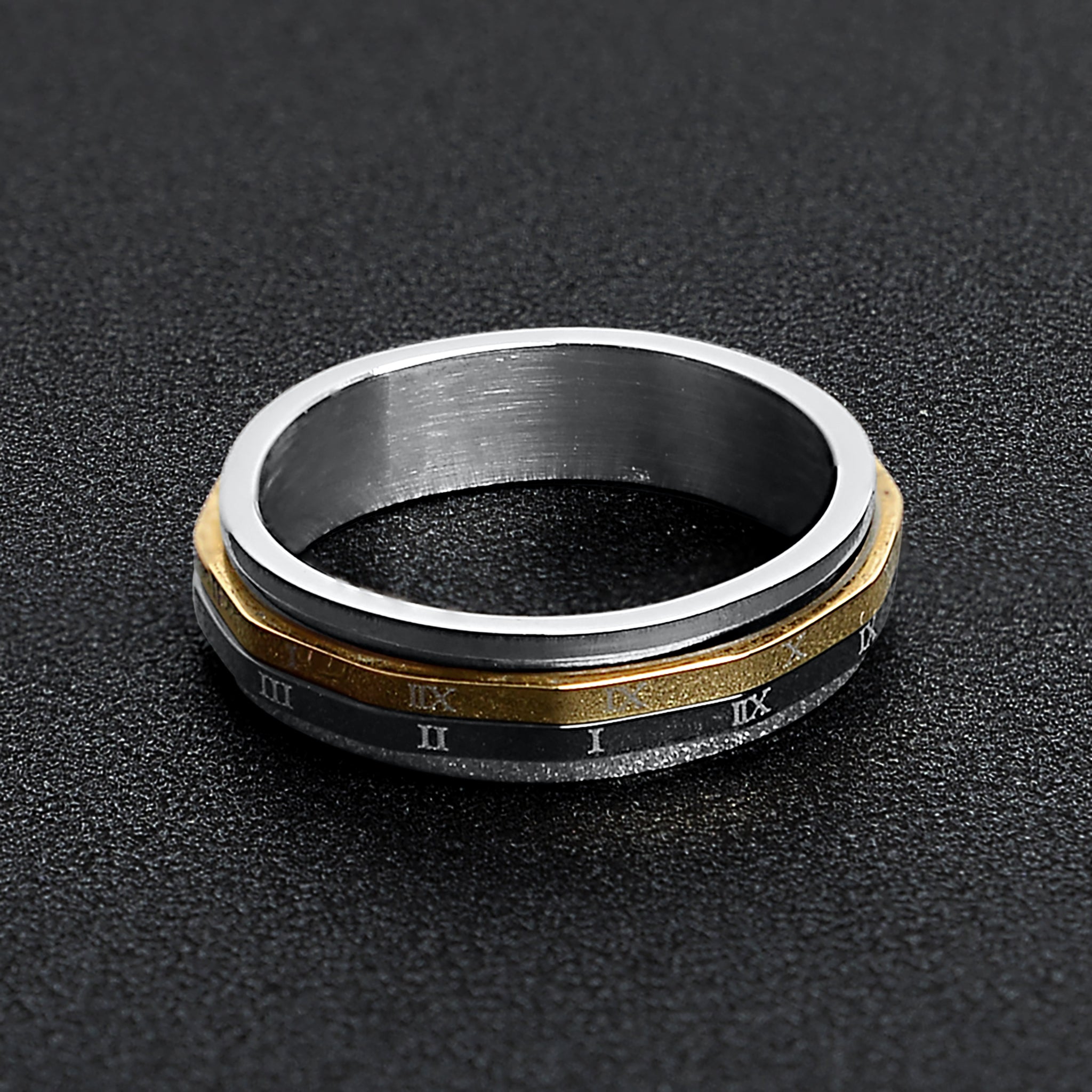 18K Gold PVD Stainless Steel & Black Roman Numerals Spinner Ring / SSU011、mySite、dreamappss