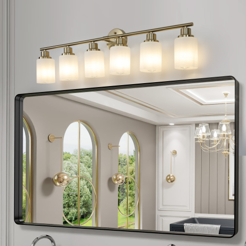 52" Modern 8-Light Vanity Wall Sconce, Golden Finish with Frosted Glass Shades for Bathroom or Hallway Lighting (No Bulbs)、、eastwooduniform