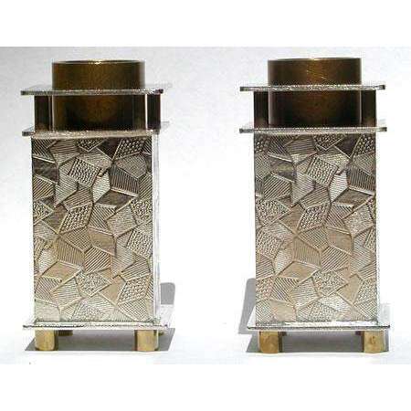 Joy Stember Pewter and Brass Shabbat Candlesticks with Patchwork Texture、mySite、topwebapps