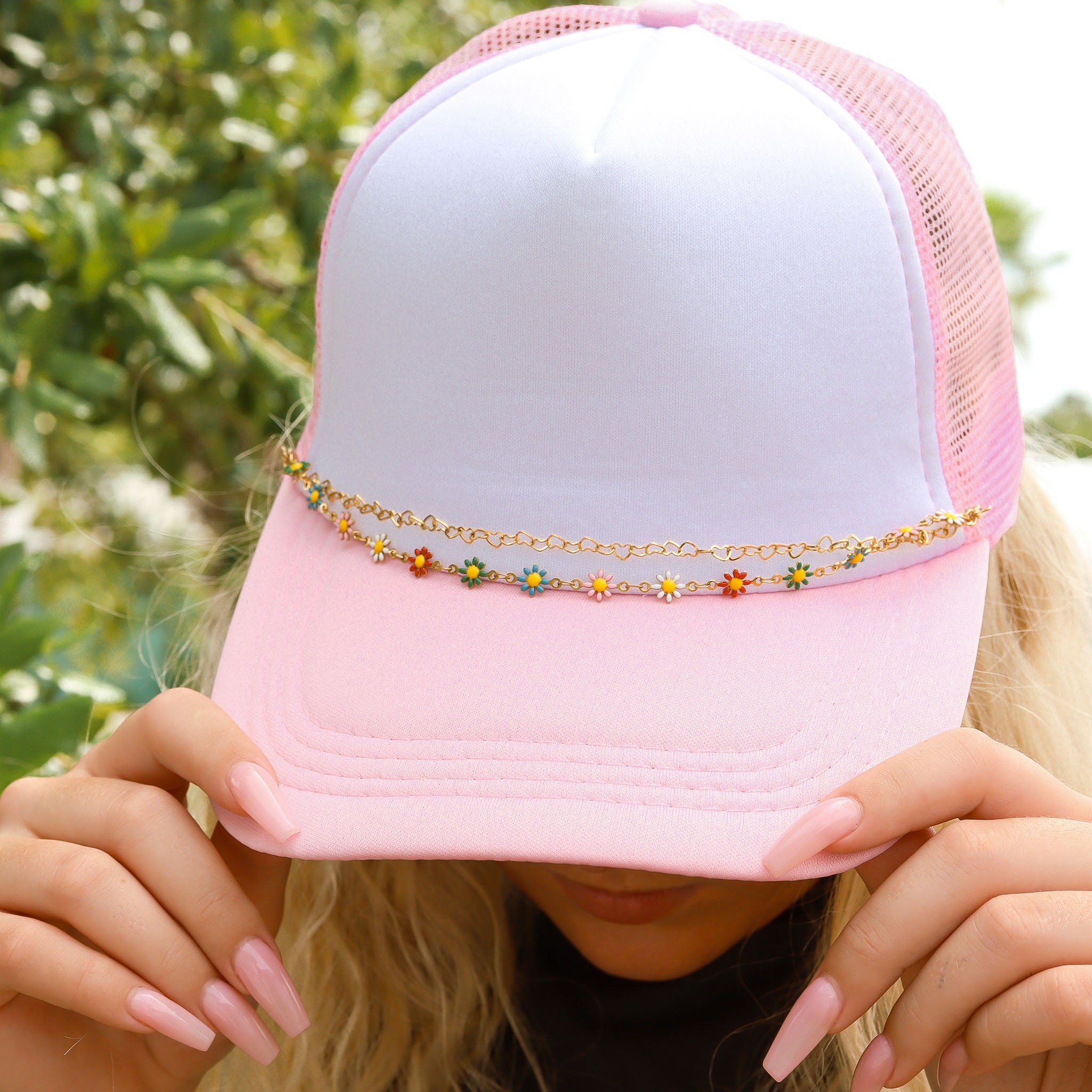 18K Gold PVD Stainless Steel Heart & Daisy Layered Trucker Hat Chain / CHN0044、mySite、dreamappss