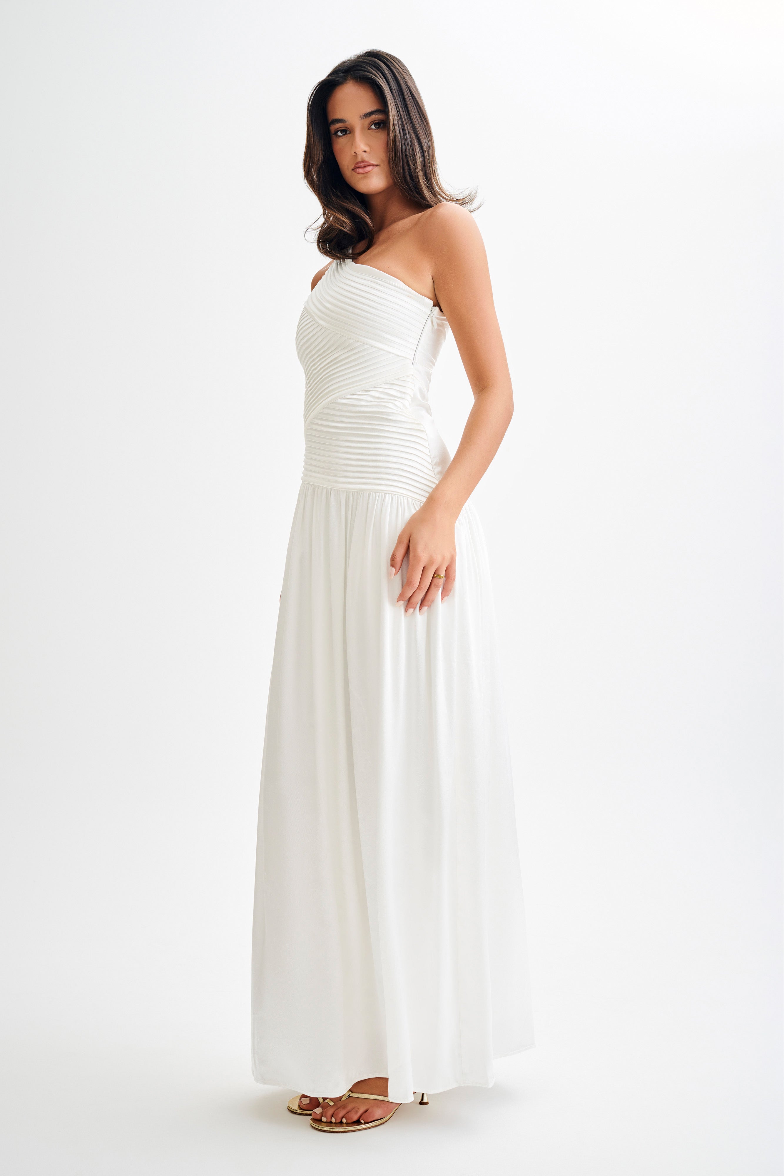 Jenna One Shoulder Pleated Maxi Dress - Ivory、mySite、solidvoid