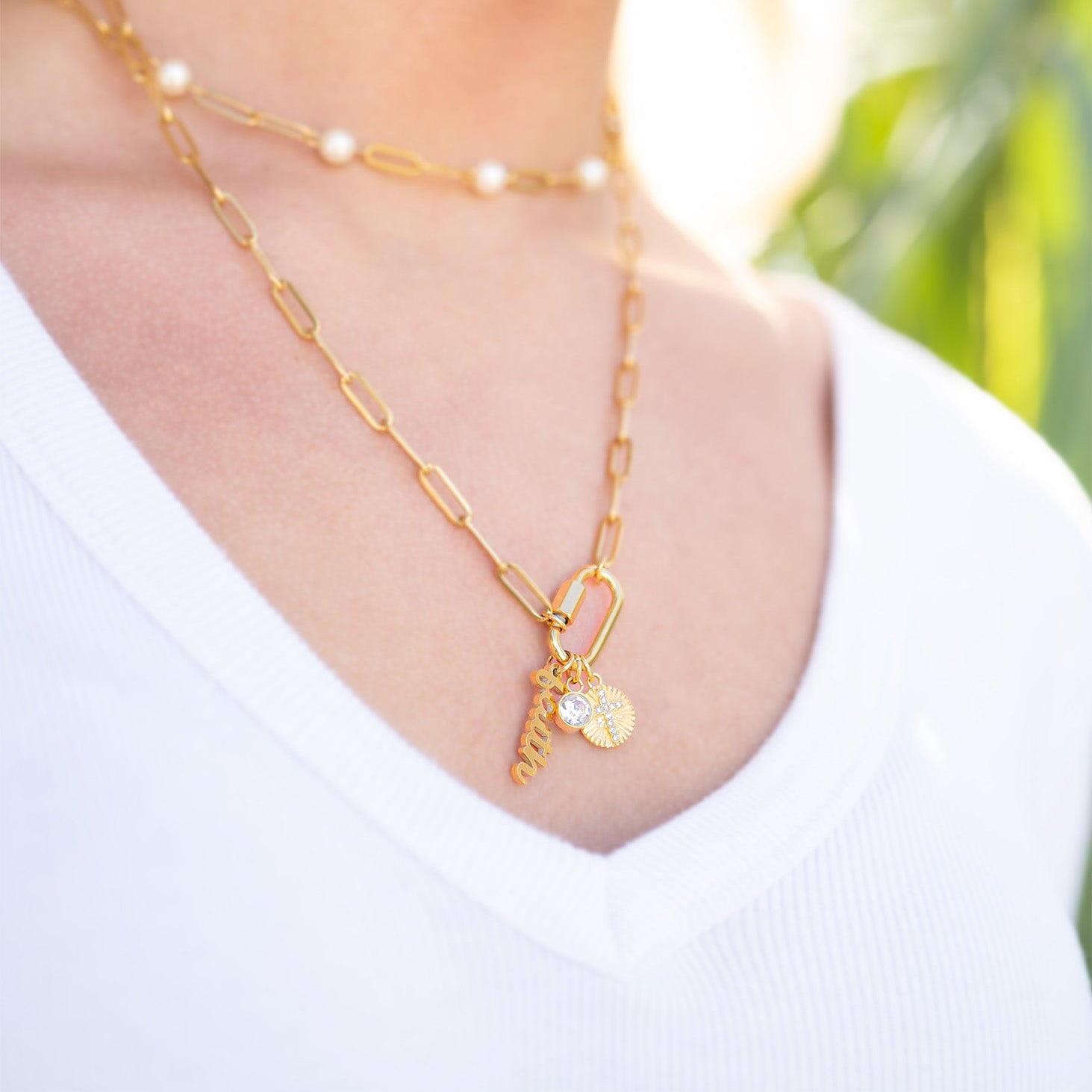 18K Gold PVD Stainless Steel Carabiner Faith Charm Paperclip Necklace / CHN0049、mySite、dreamappss