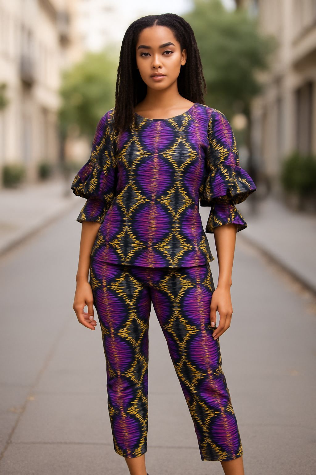 Dupsie's Elysia Elegance: Purple, Gold, and Navy-Blue Kitenge Ankara African Print Top and Pants Suit DPAPSPG5、mySite、solidvoid