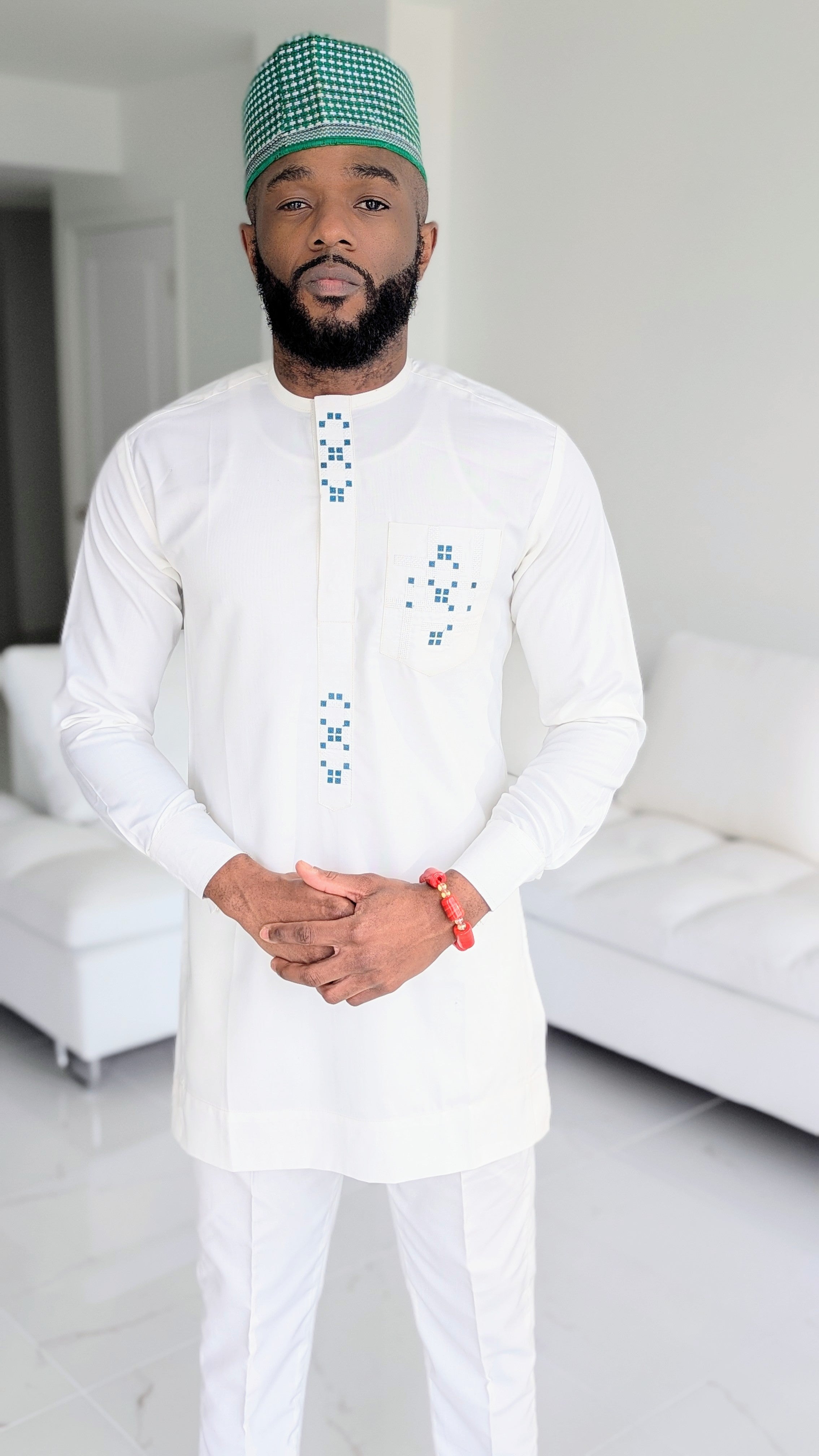 Dupsie's Birnin Gwari Prestige Ivory and Green Dashiki Suit DPASIG35、mySite、solidvoid