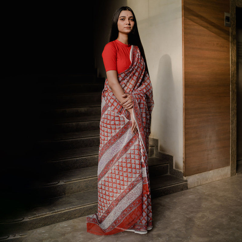 Festive Wear | Kota Doria Sanganeri Print Saree | Red、mySite、camillekostekn