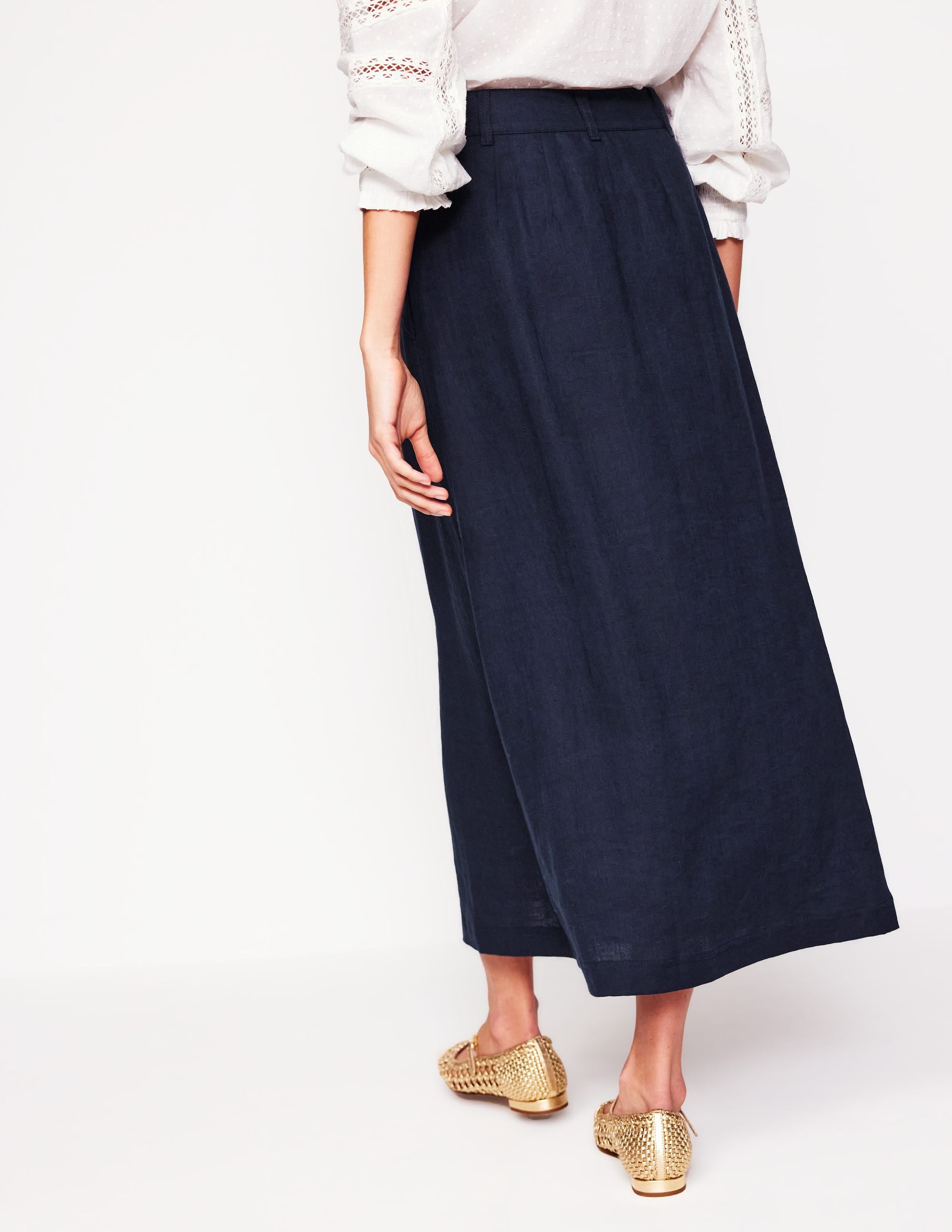  Thomasina Linen Midi Skirt-Navy、mySite、ashleygrahame