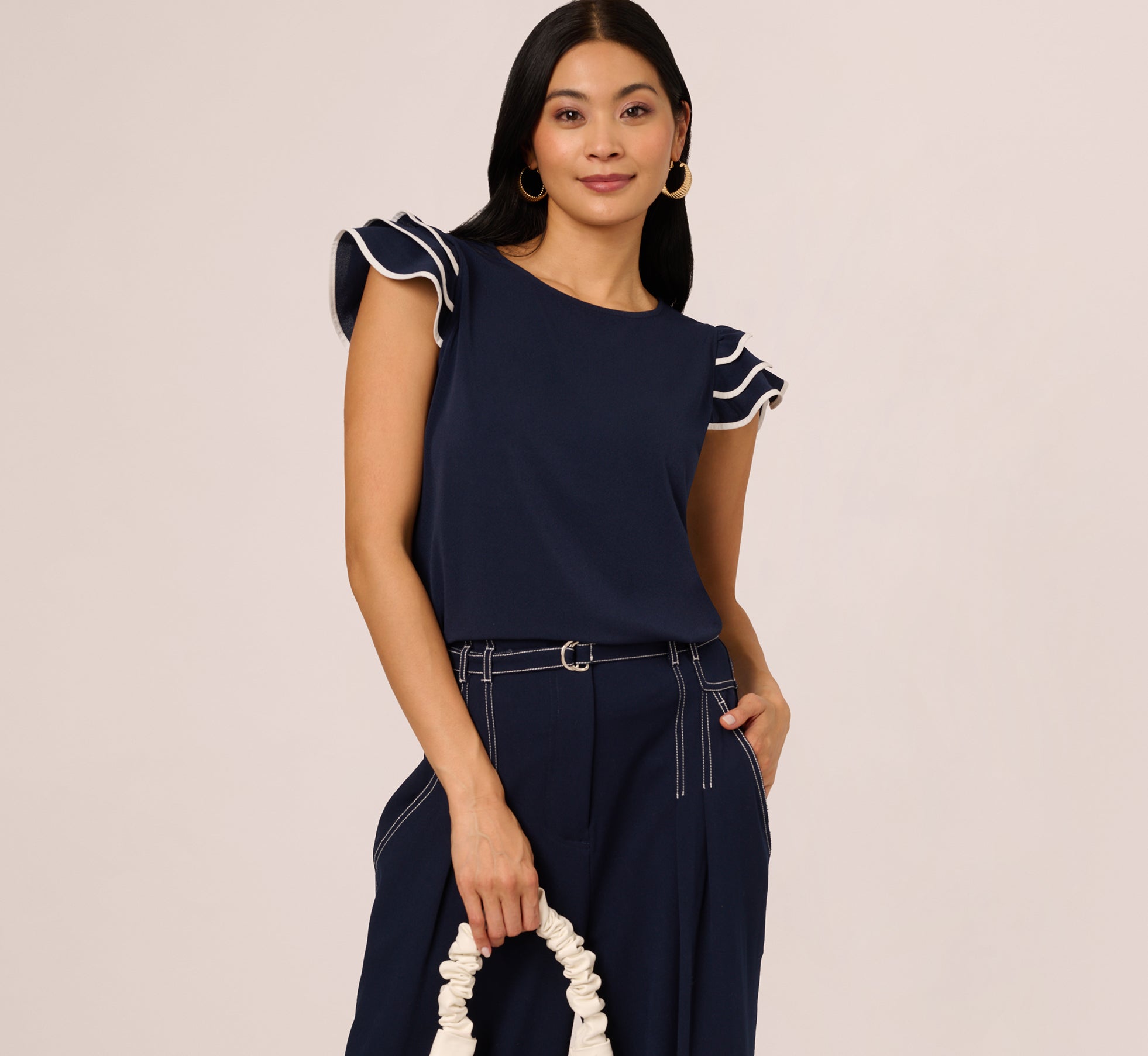 Ruffle Sleeve Contrast Trim Top In Blue Moon Ivory、mySite、solidvoid