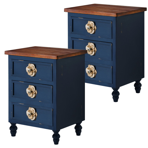 Vintage Farmhouse End Table with Floral Knobs – 19" Rustic Nightstand with 3 Drawers & Gourd Legs,Bedside or Sofa Accent Table, Almost Fully Assembled, Blue、、xpatfood