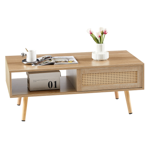 41.34" Rattan Coffee table, sliding door for storage, solid wood legs, Modern table for living room , natural、、casual