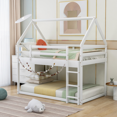 Twin Size Bunk House Bed with Slide and Ladder,Gray、、casual