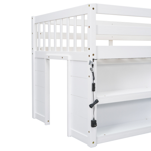 Twin Size Kid Low Loft Bed With Two-Tier Shelves And LED Light For White Color、、xpatfood