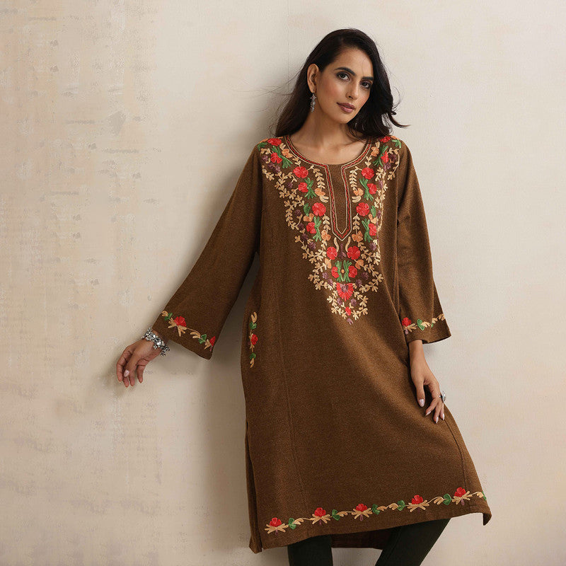 Woolen Kurta For Women | Kashmiri Embroidered | Brown、mySite、camillekostekn