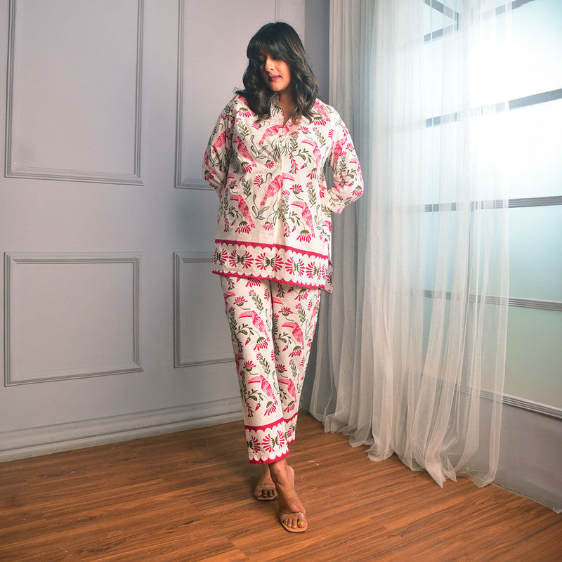 Cotton Co Ord Set For Women | Shirt & Pant | Block Print | Pink、mySite、camillekostekn