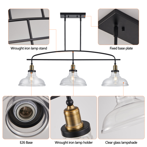 45" Industrial 3-Light Pendant Chandelier with Clear Glass Shades, Black Metal Frame, Adjustable Height, Modern Farmhouse Lighting for Kitchen Island, Dining Room, or Living Room (Bulb Not Included)、、eastwooduniform
