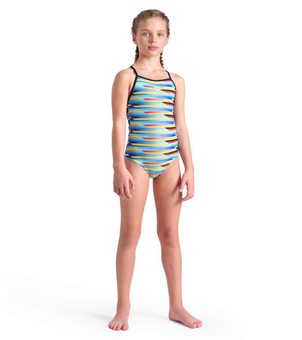 Arena Girls' Racing Stripe Light Drop Back One Piece Swimsuit (Little Kid, Big Kid)、mySite、noshort